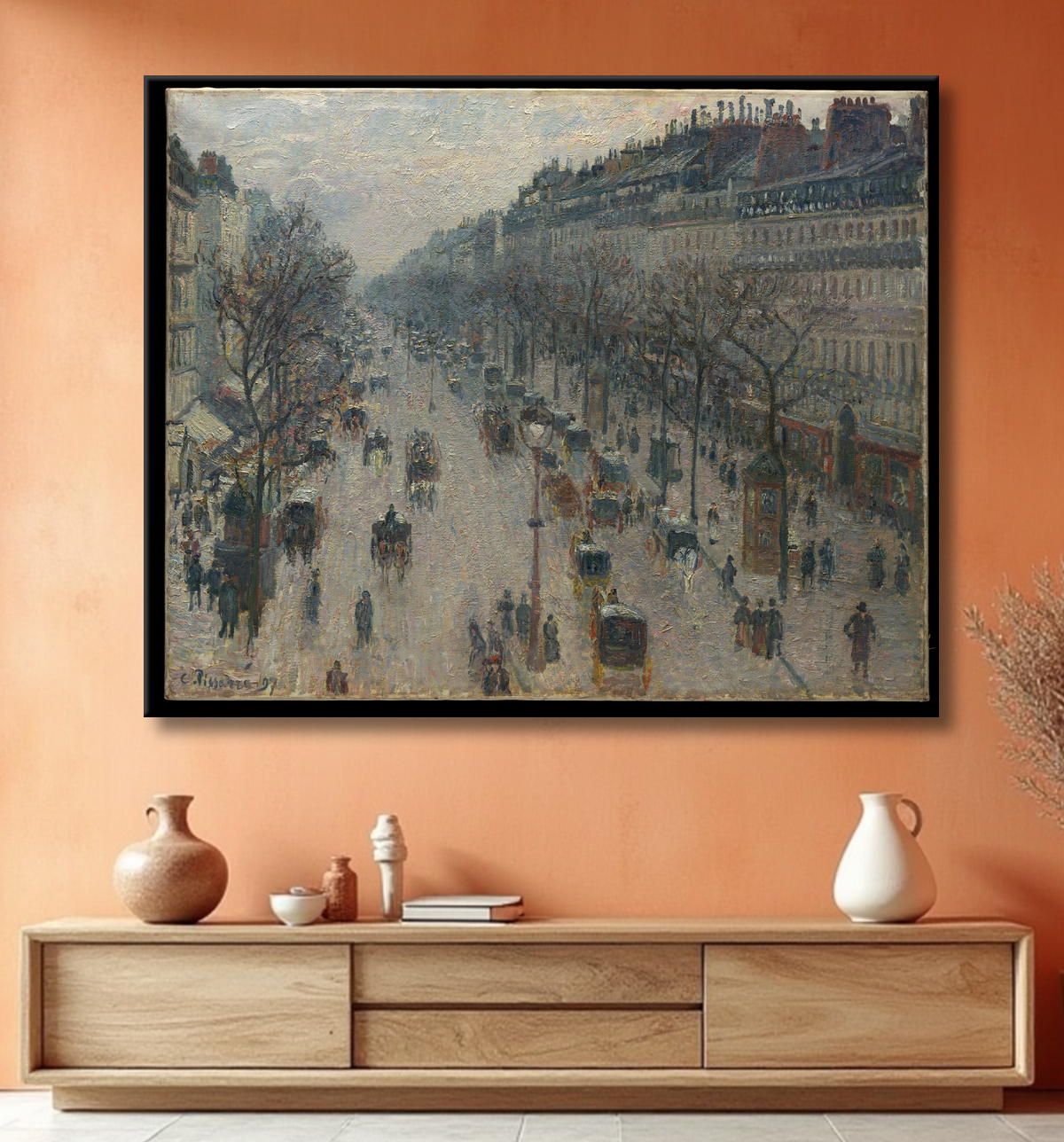 Reproduction Le boulevard Montmartre un matin d'hiver de Camille Pissarro avec decor