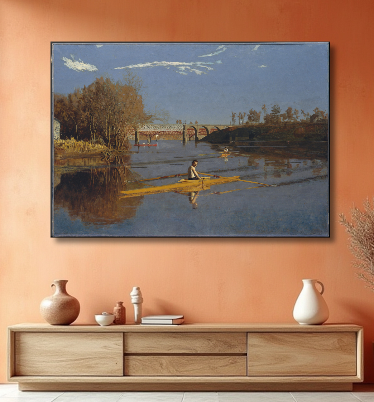 Reproduction Le champion du skiff (Max Schmitt dans un skiff) de Thomas Eakins avec decor