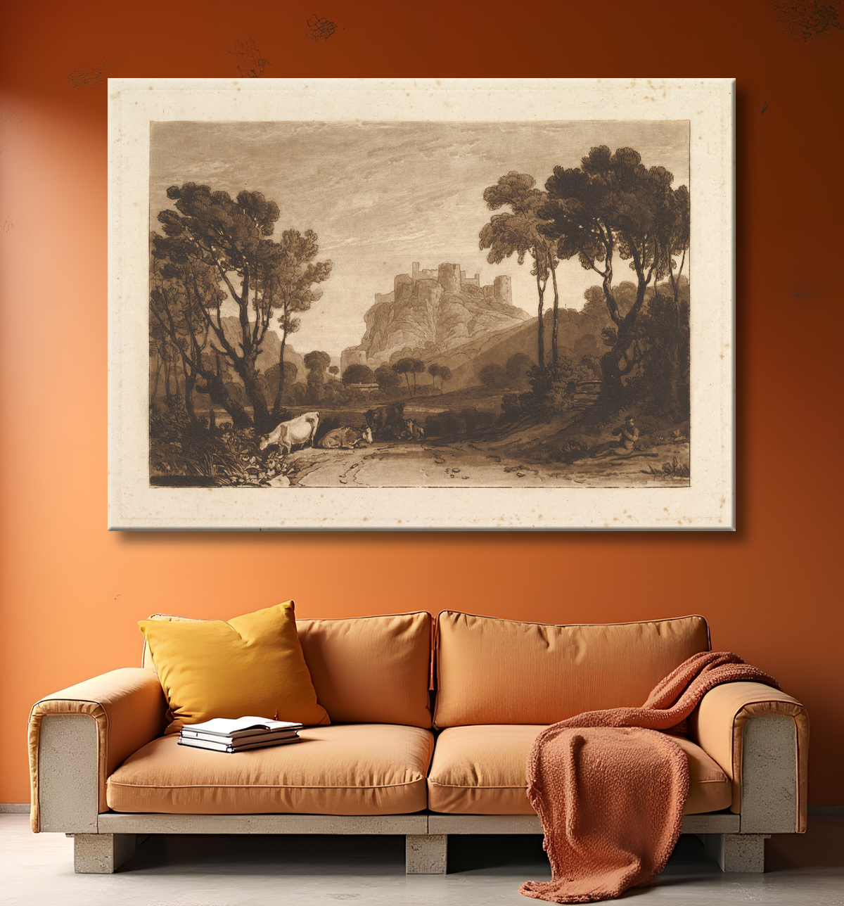 Reproduction Le château au-dessus des prés (Liber Studiorum, partie II, planche 8) de Joseph Mallord William Turner avec decor