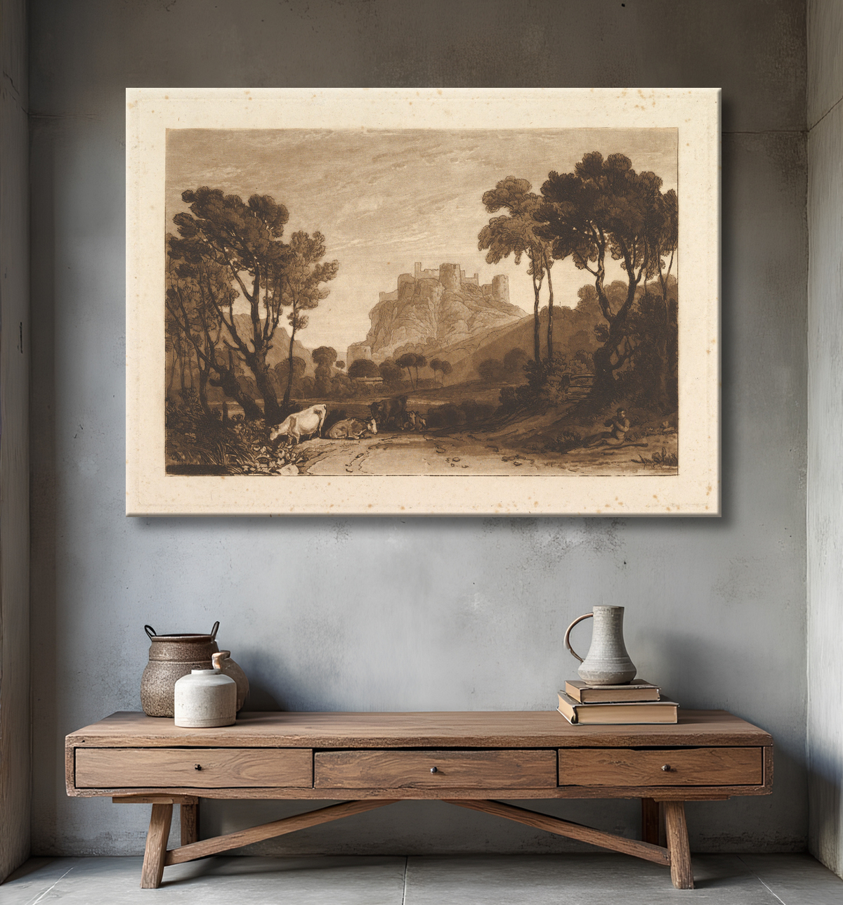 Reproduction Le château au-dessus des prés (Liber Studiorum, partie II, planche 8) de Joseph Mallord William Turner avec decor