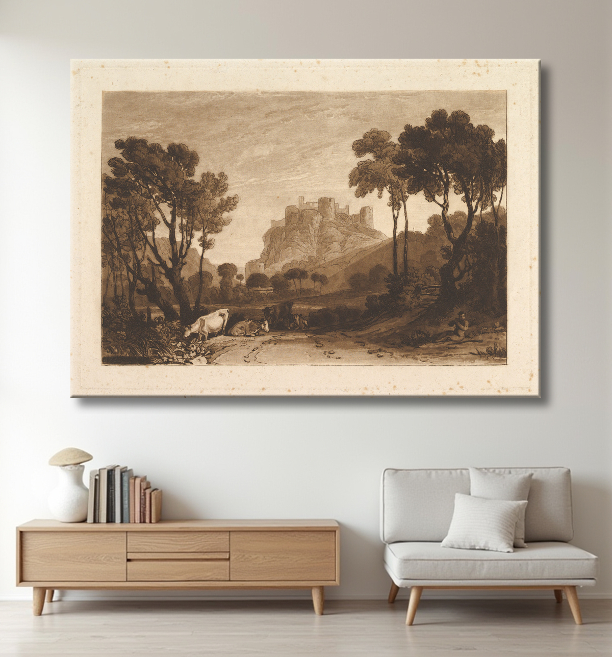 Reproduction Le château au-dessus des prés (Liber Studiorum, partie II, planche 8) de Joseph Mallord William Turner avec decor