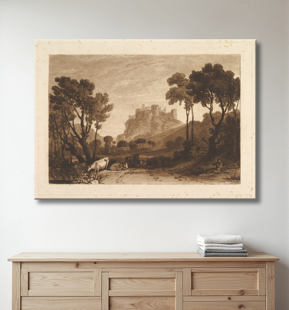 Reproduction Le château au-dessus des prés (Liber Studiorum, partie II, planche 8) de Joseph Mallord William Turner avec decor