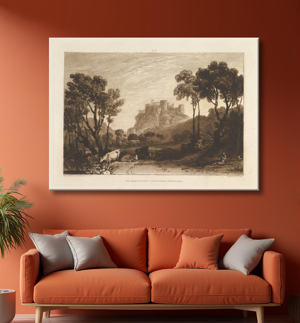 Reproduction Le château au-dessus des prés (Liber Studiorum, partie II, planche 8) de Joseph Mallord William Turner avec decor