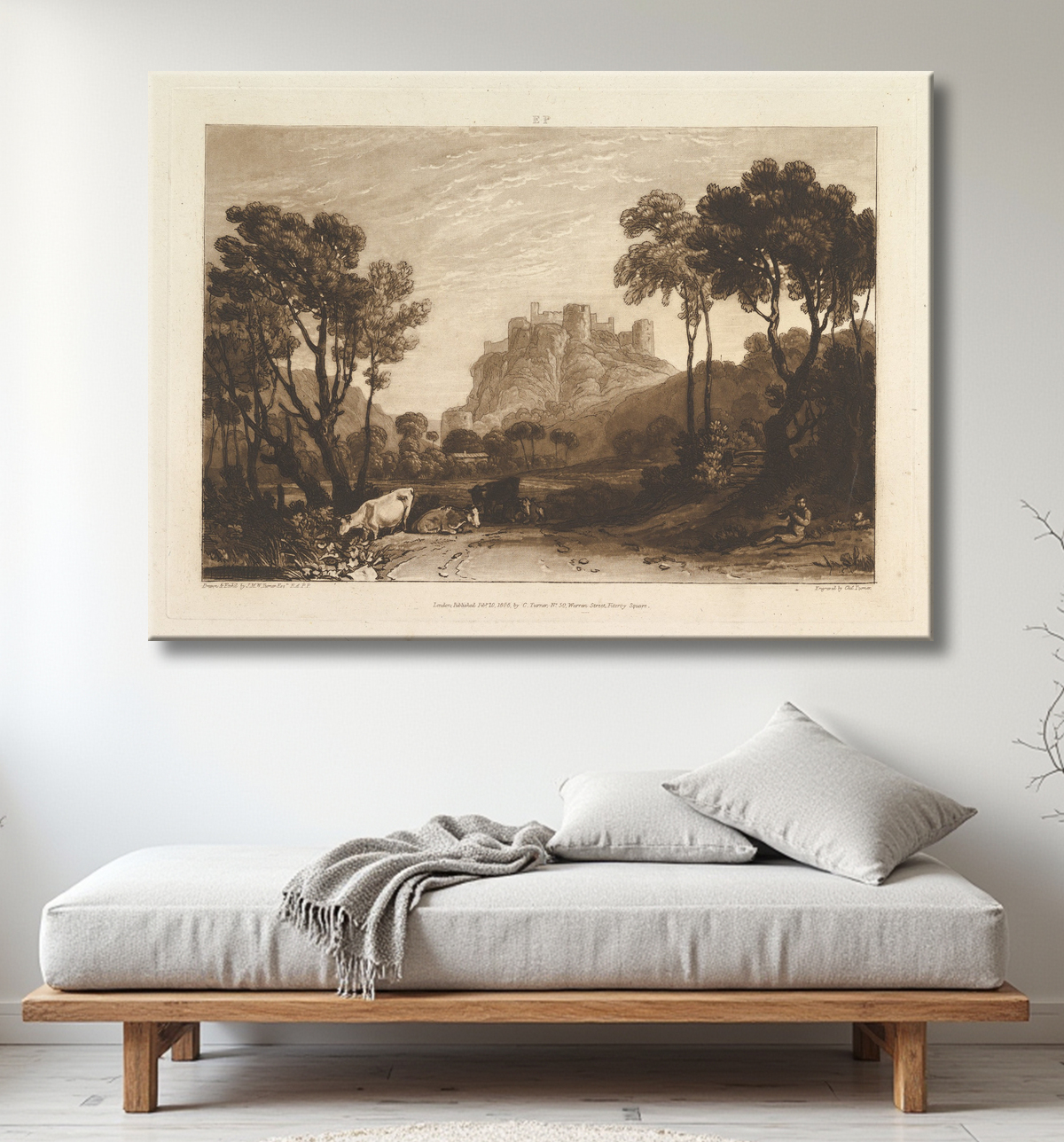 Reproduction Le château au-dessus des prés (Liber Studiorum, partie II, planche 8) de Joseph Mallord William Turner avec decor