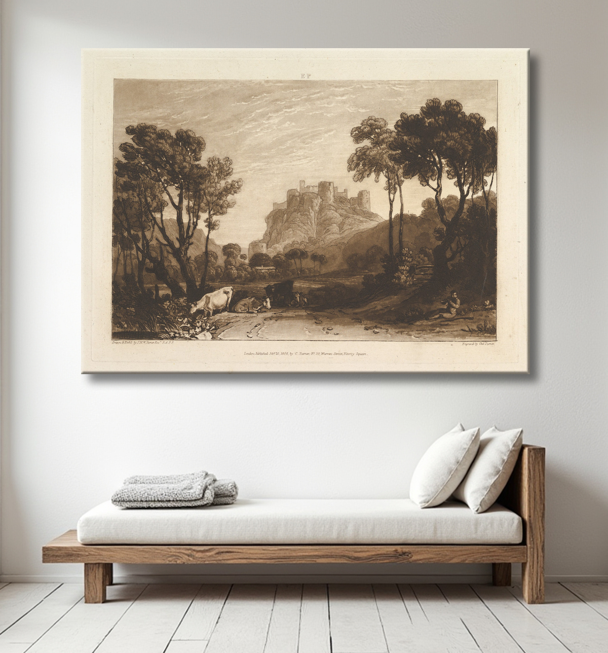 Reproduction Le château au-dessus des prés (Liber Studiorum, partie II, planche 8) de Joseph Mallord William Turner avec decor