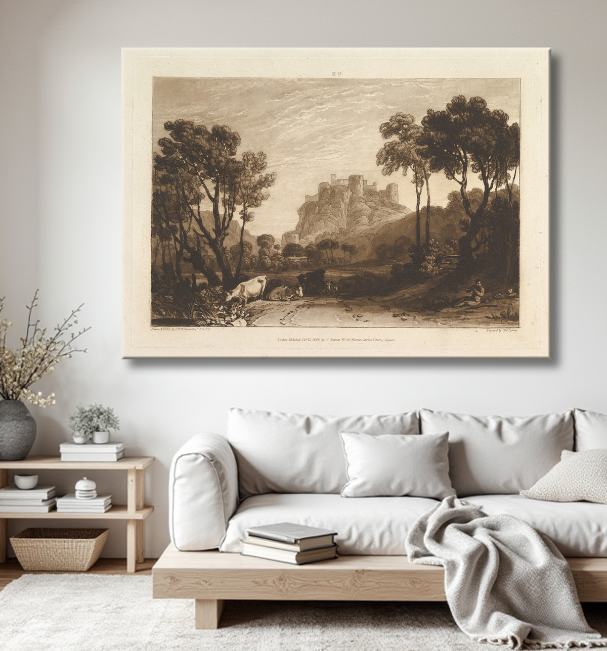 Reproduction Le château au-dessus des prés (Liber Studiorum, partie II, planche 8) de Joseph Mallord William Turner avec decor