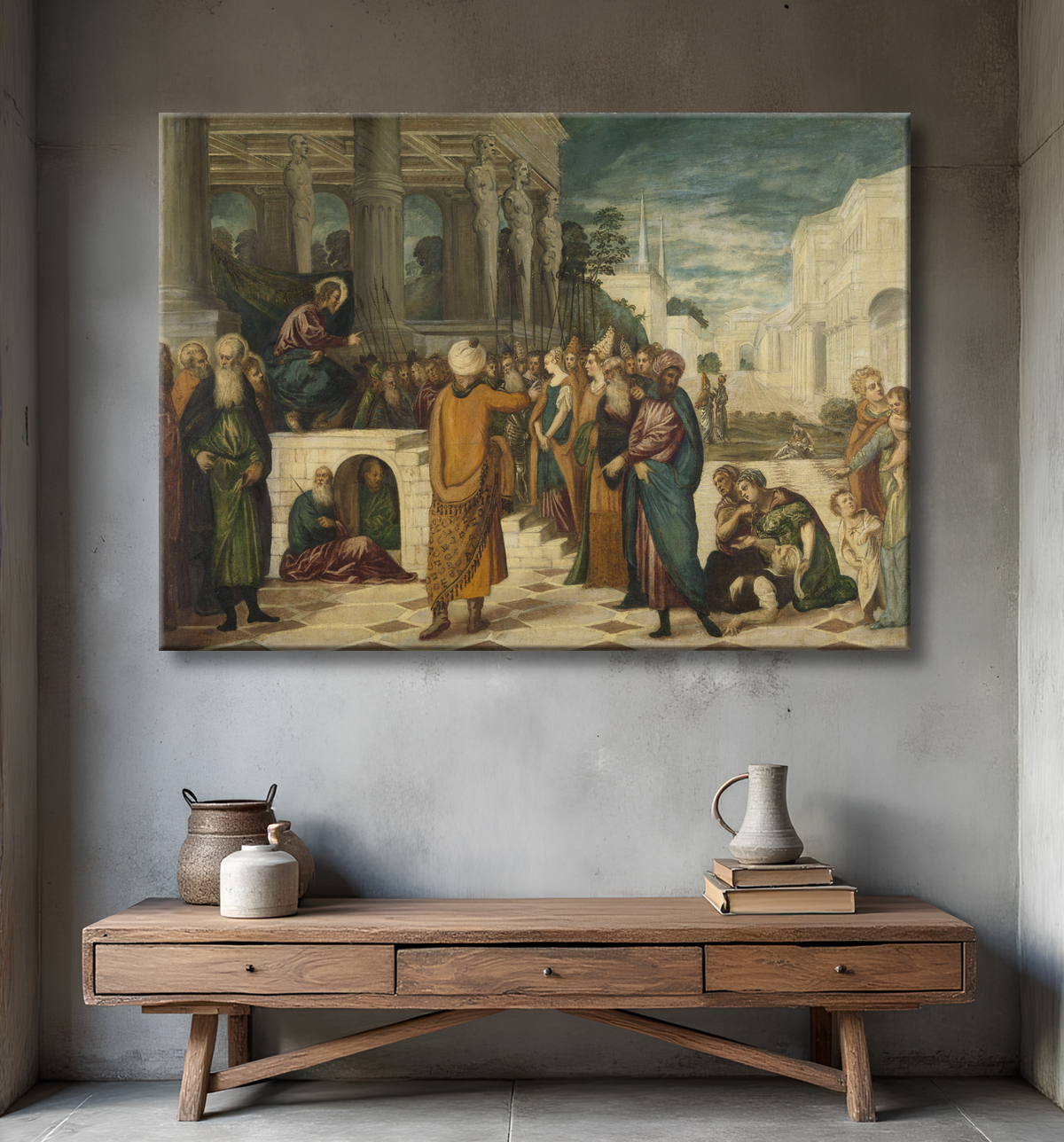 Reproduction Le Christ avec la femme adultère de Jacopo Tintoretto avec decor