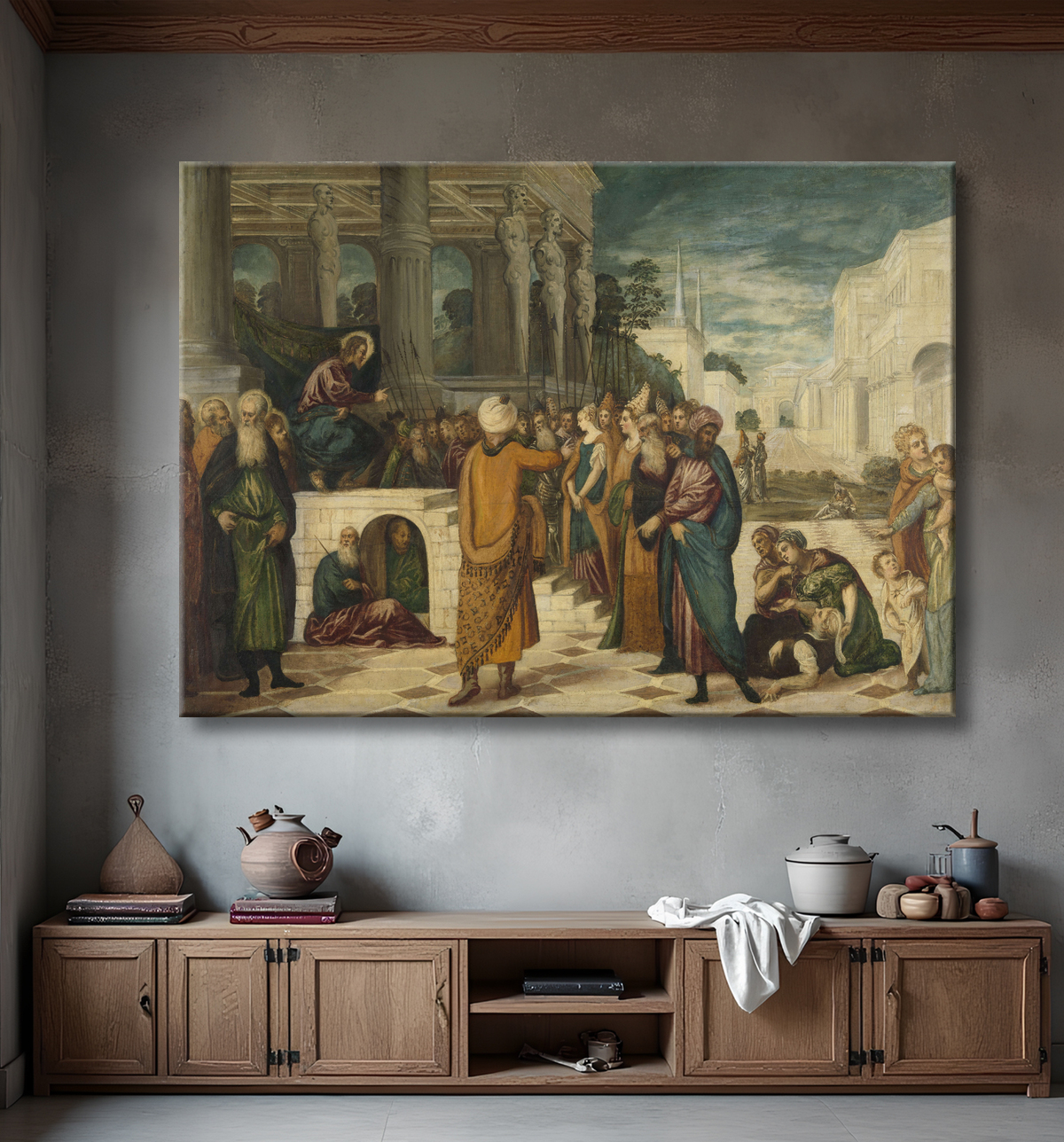 Reproduction Le Christ avec la femme adultère de Jacopo Tintoretto avec decor
