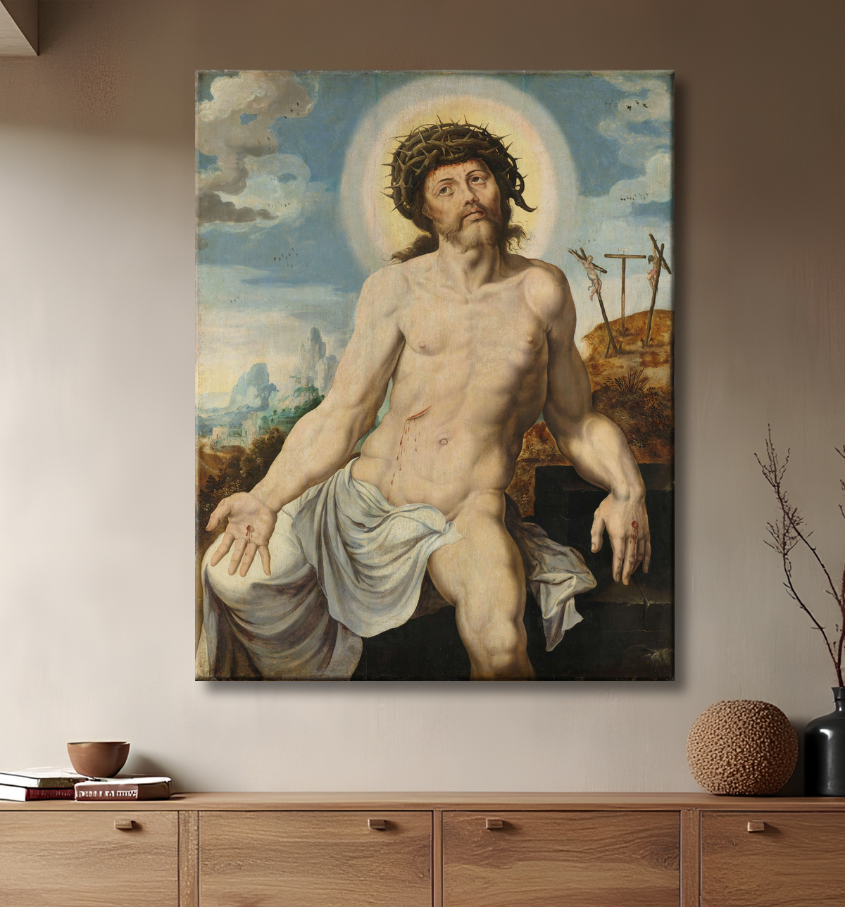 Reproduction Le Christ comme l'homme des douleurs de Maarten van Heemskerck avec decor