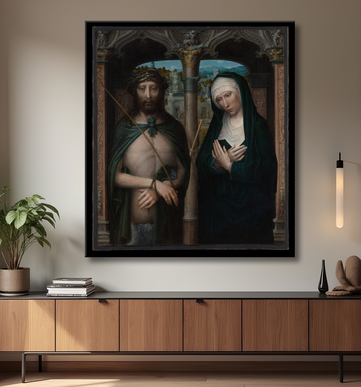 Reproduction Le Christ couronné d'épines (Ecce Homo) et la Vierge en deuil de Adriaen Isenbrant avec decor