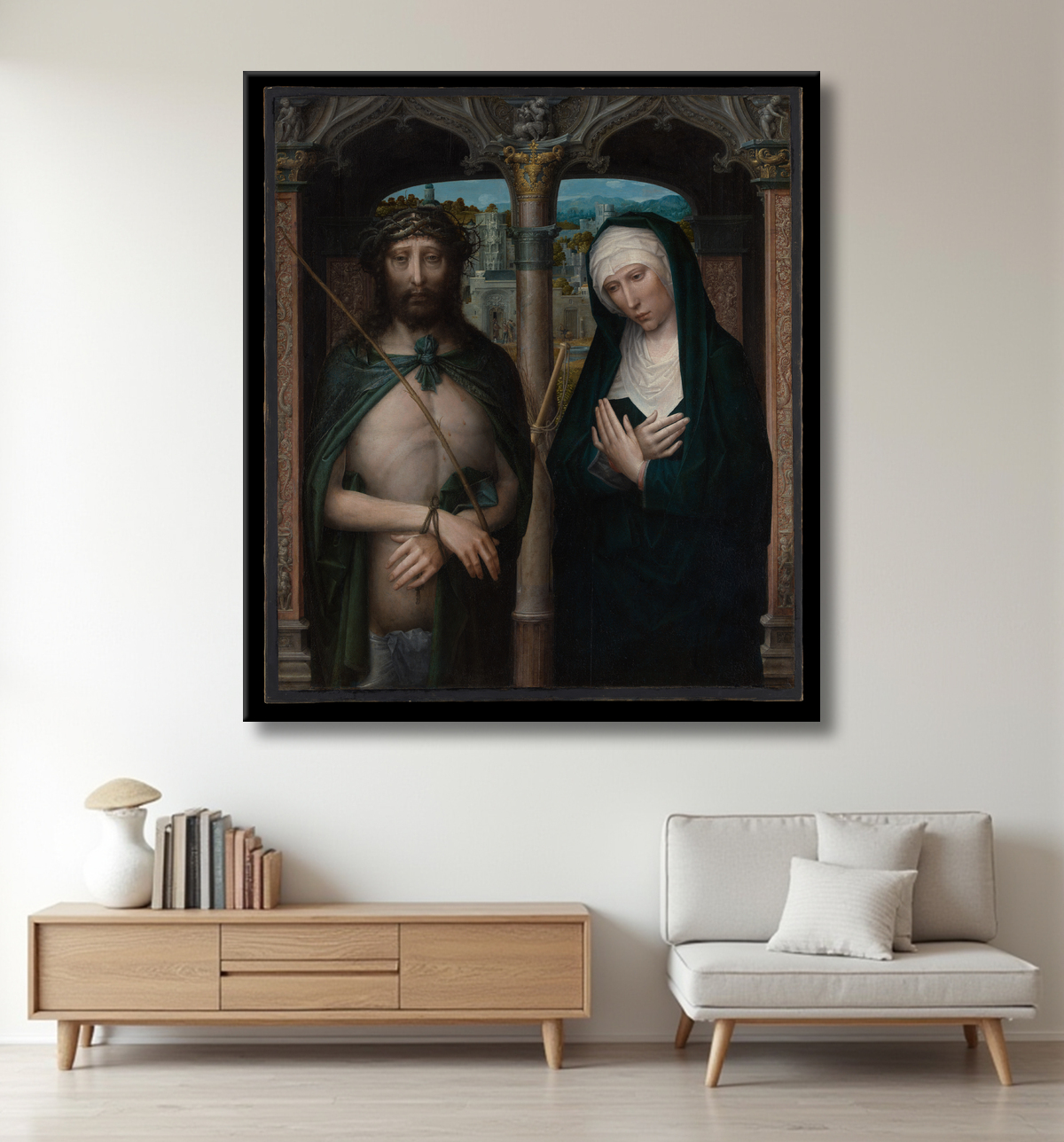 Reproduction Le Christ couronné d'épines (Ecce Homo) et la Vierge en deuil de Adriaen Isenbrant avec decor