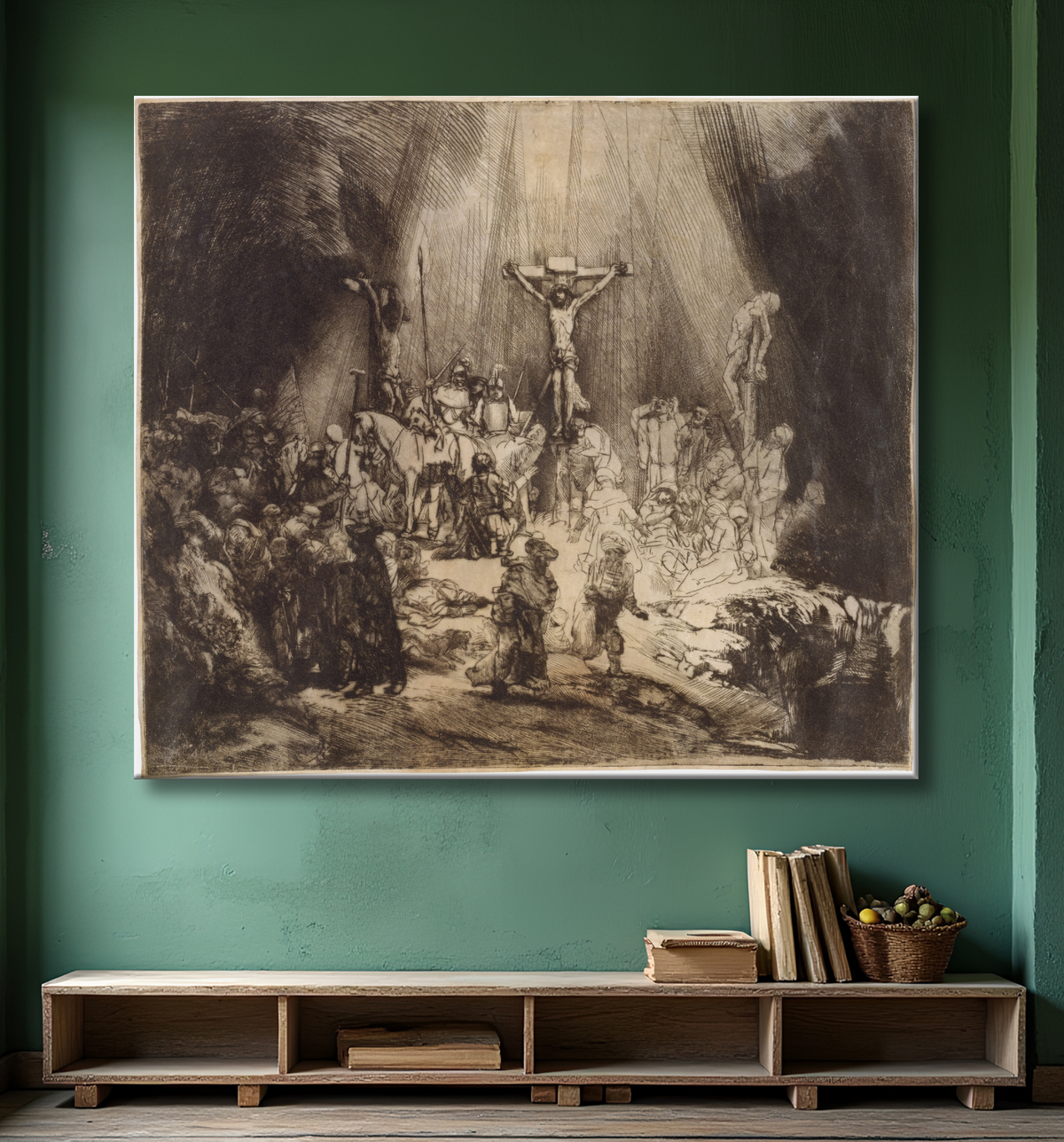Reproduction Le Christ crucifié entre les deux voleurs : les trois croix de Rembrandt (Rembrandt van Rijn) avec decor