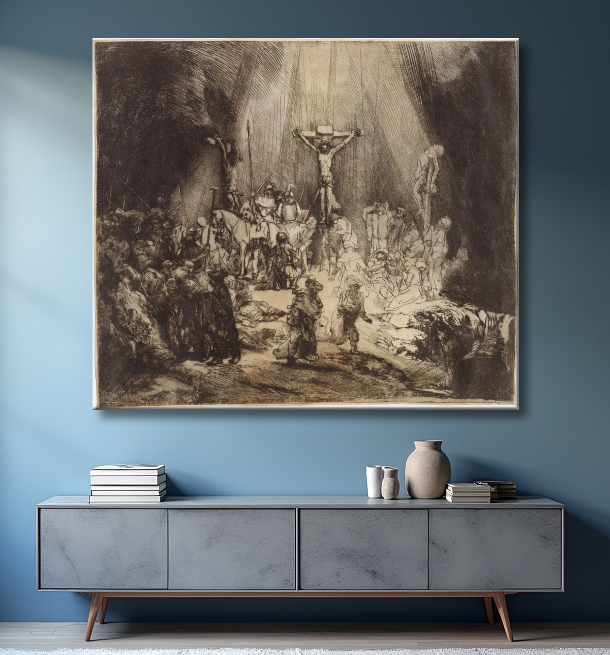 Reproduction Le Christ crucifié entre les deux voleurs : les trois croix de Rembrandt (Rembrandt van Rijn) avec decor