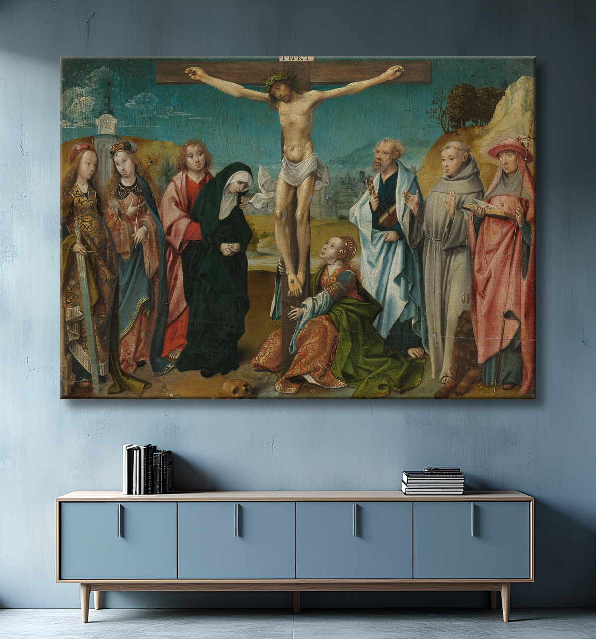 Reproduction Le Christ en croix, avec Marie, Jean, Marie Madeleine et saintes Cécile et Barbara (à gauche) et Pierre, François et Jérôme (à droite) de Cornelis Engebrechtsz avec decor