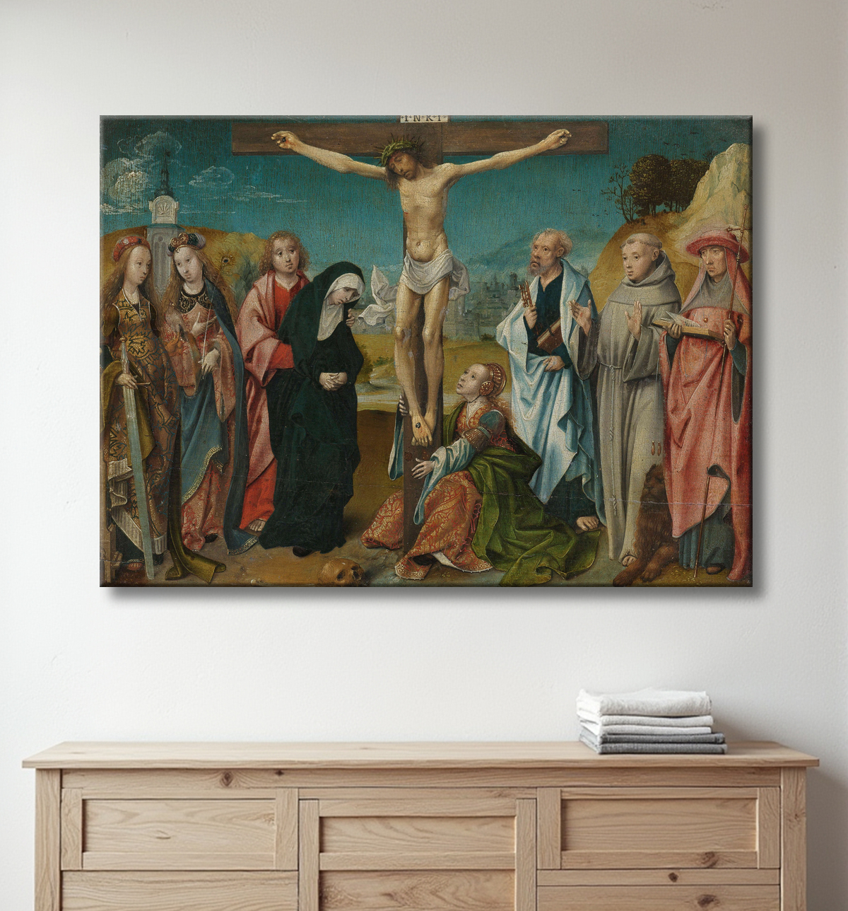 Reproduction Le Christ en croix, avec Marie, Jean, Marie Madeleine et saintes Cécile et Barbara (à gauche) et Pierre, François et Jérôme (à droite) de Cornelis Engebrechtsz avec decor