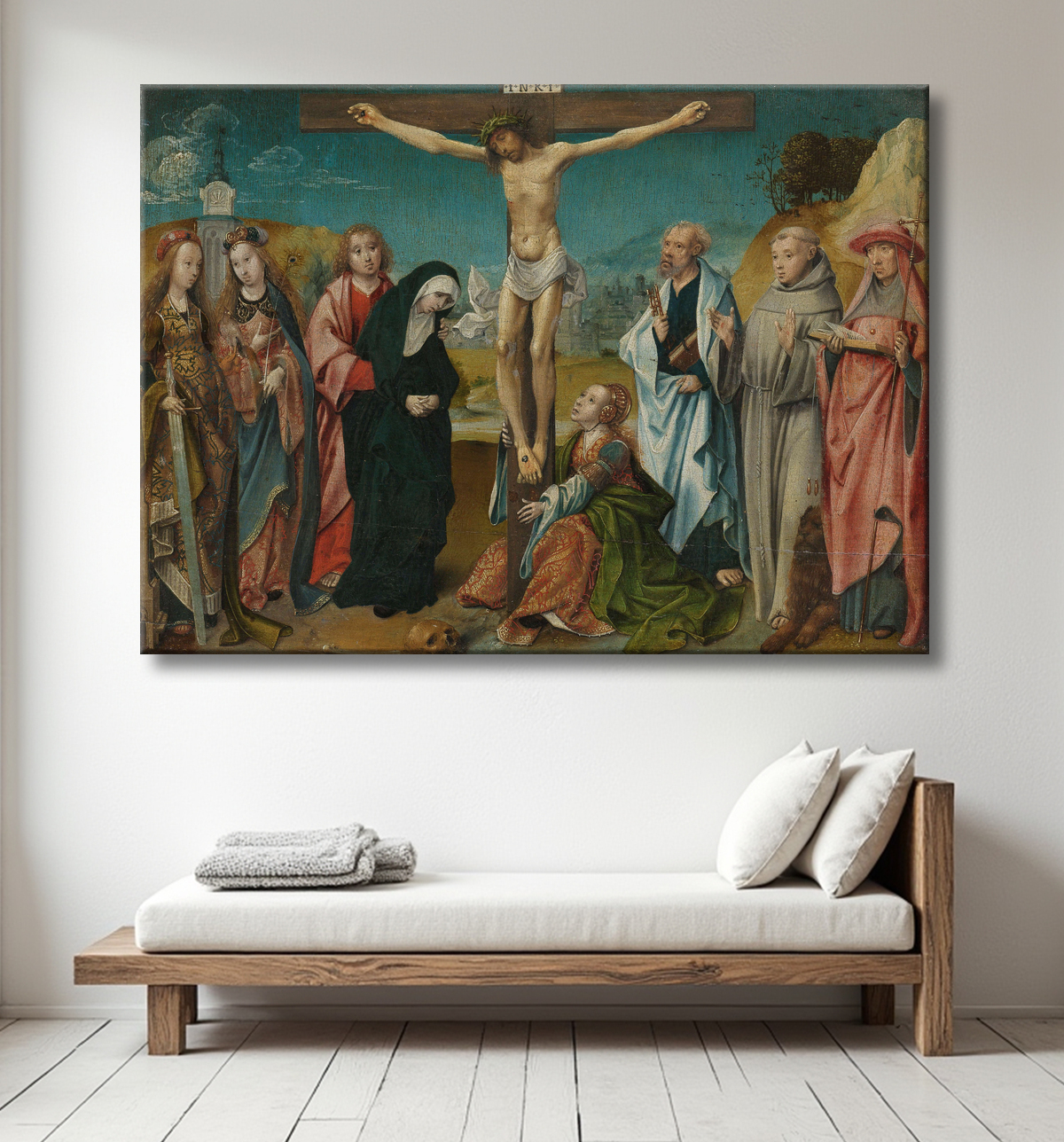 Reproduction Le Christ en croix, avec Marie, Jean, Marie Madeleine et saintes Cécile et Barbara (à gauche) et Pierre, François et Jérôme (à droite) de Cornelis Engebrechtsz avec decor
