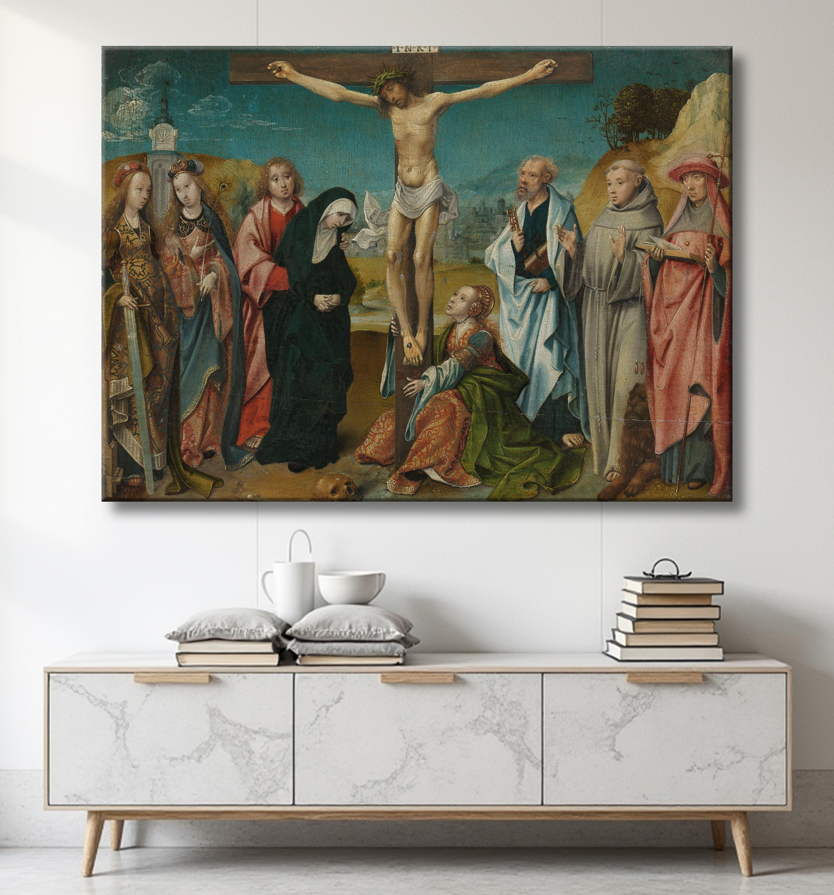 Reproduction Le Christ en croix, avec Marie, Jean, Marie Madeleine et saintes Cécile et Barbara (à gauche) et Pierre, François et Jérôme (à droite) de Cornelis Engebrechtsz avec decor
