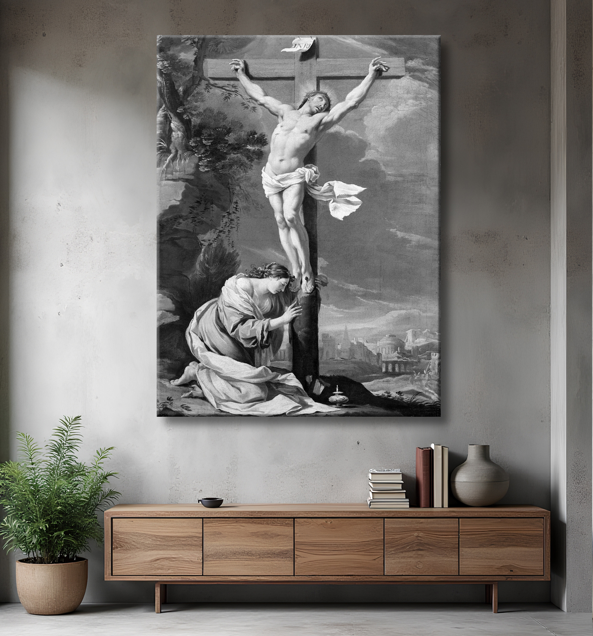 Reproduction Le Christ en croix avec Marie-Madeleine de Follower of Simon Vouet avec decor