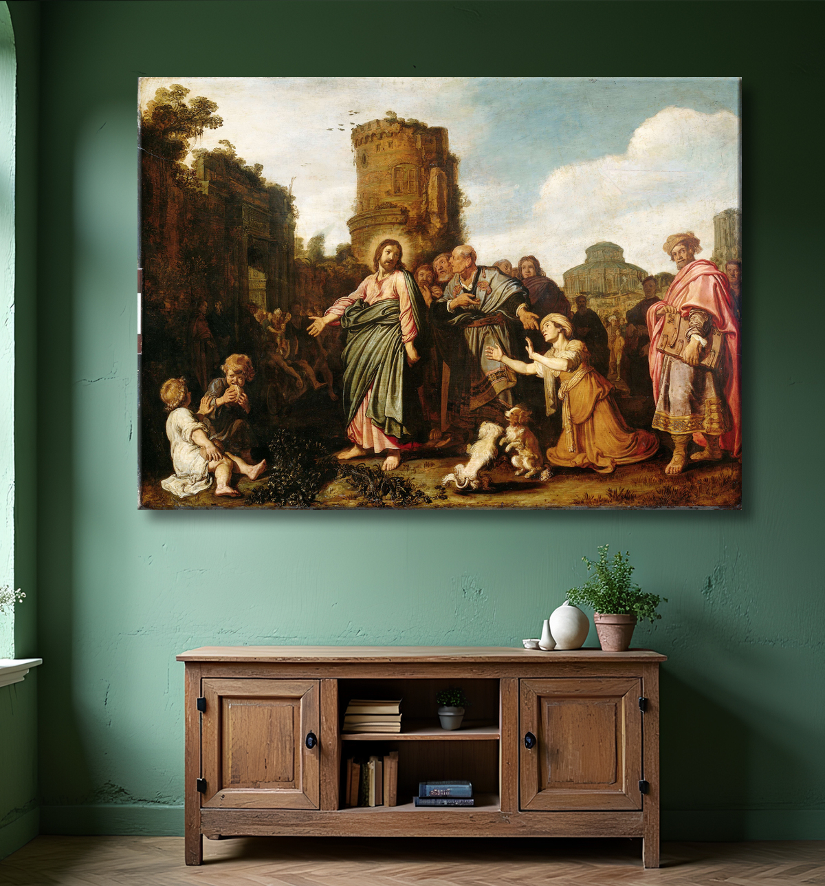 Reproduction Le Christ et la femme de Canaan (Matthieu 15 :21-21 ; Marc 7 :24-30) de Pieter Lastman avec decor