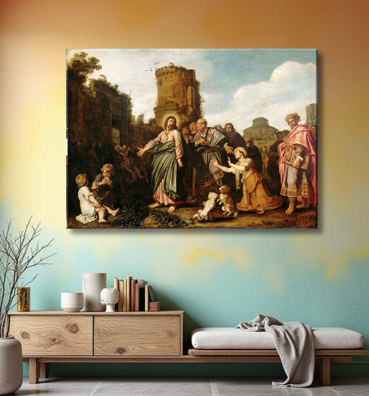 Reproduction Le Christ et la femme de Canaan (Matthieu 15 :21-21 ; Marc 7 :24-30) de Pieter Lastman avec decor