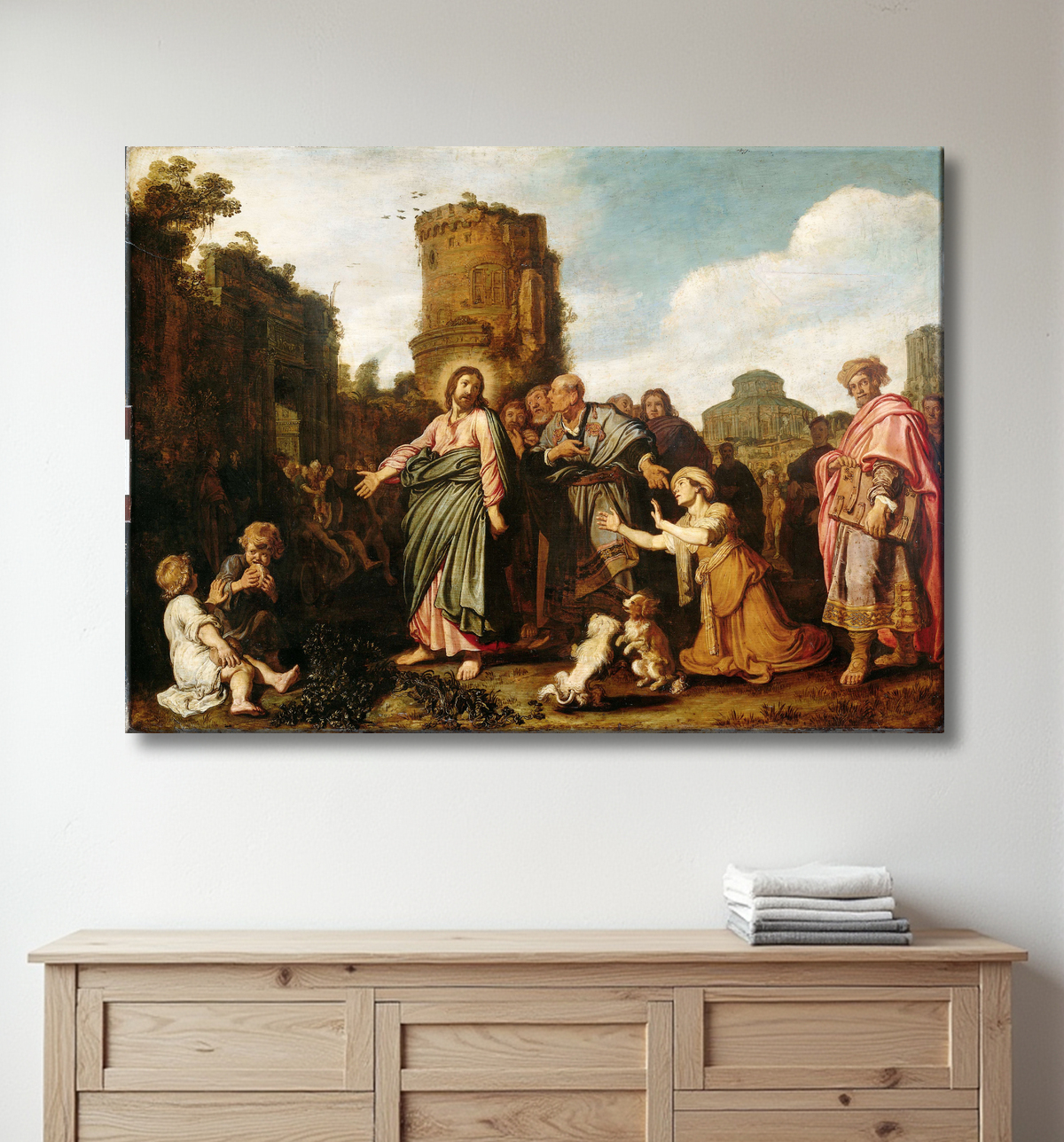 Reproduction Le Christ et la femme de Canaan (Matthieu 15 :21-21 ; Marc 7 :24-30) de Pieter Lastman avec decor