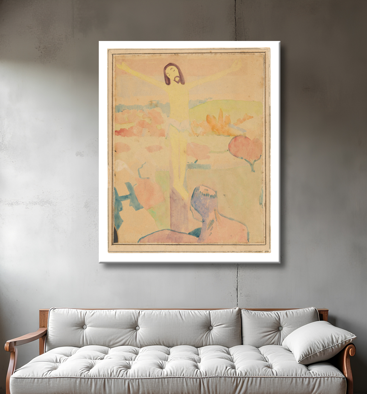 Reproduction Le Christ jaune (recto), femme baigneuse pataugeant dans un ruisseau de Paul Gauguin avec decor