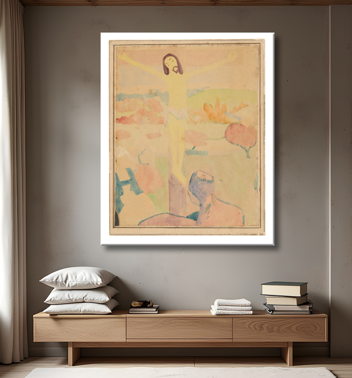 Reproduction Le Christ jaune (recto), femme baigneuse pataugeant dans un ruisseau de Paul Gauguin avec decor