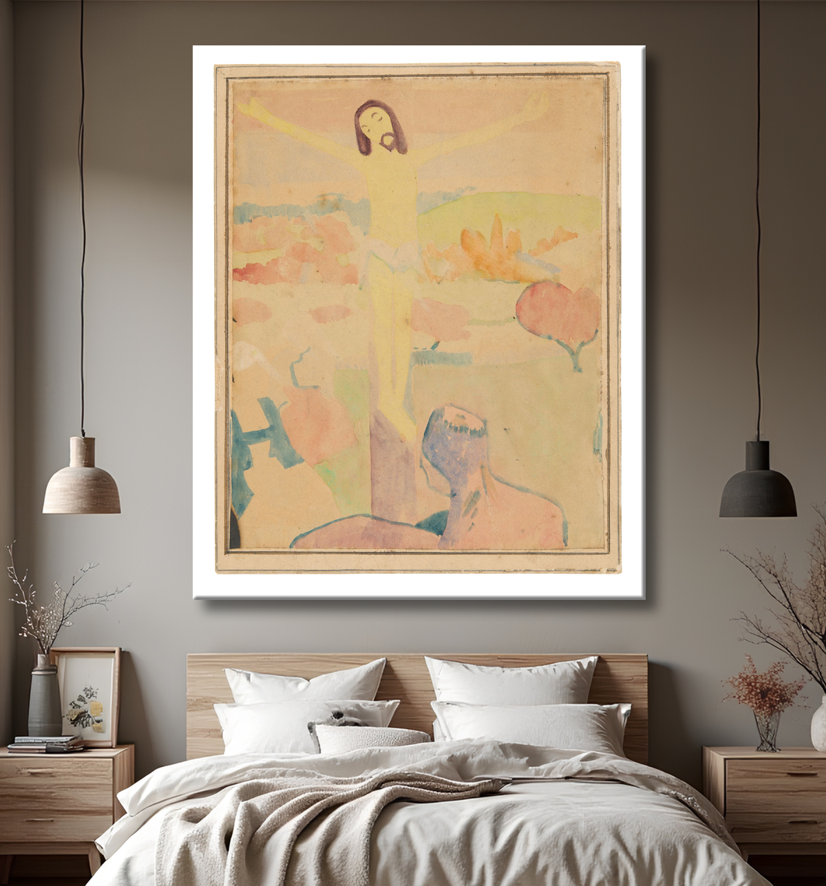 Reproduction Le Christ jaune (recto), femme baigneuse pataugeant dans un ruisseau de Paul Gauguin avec decor