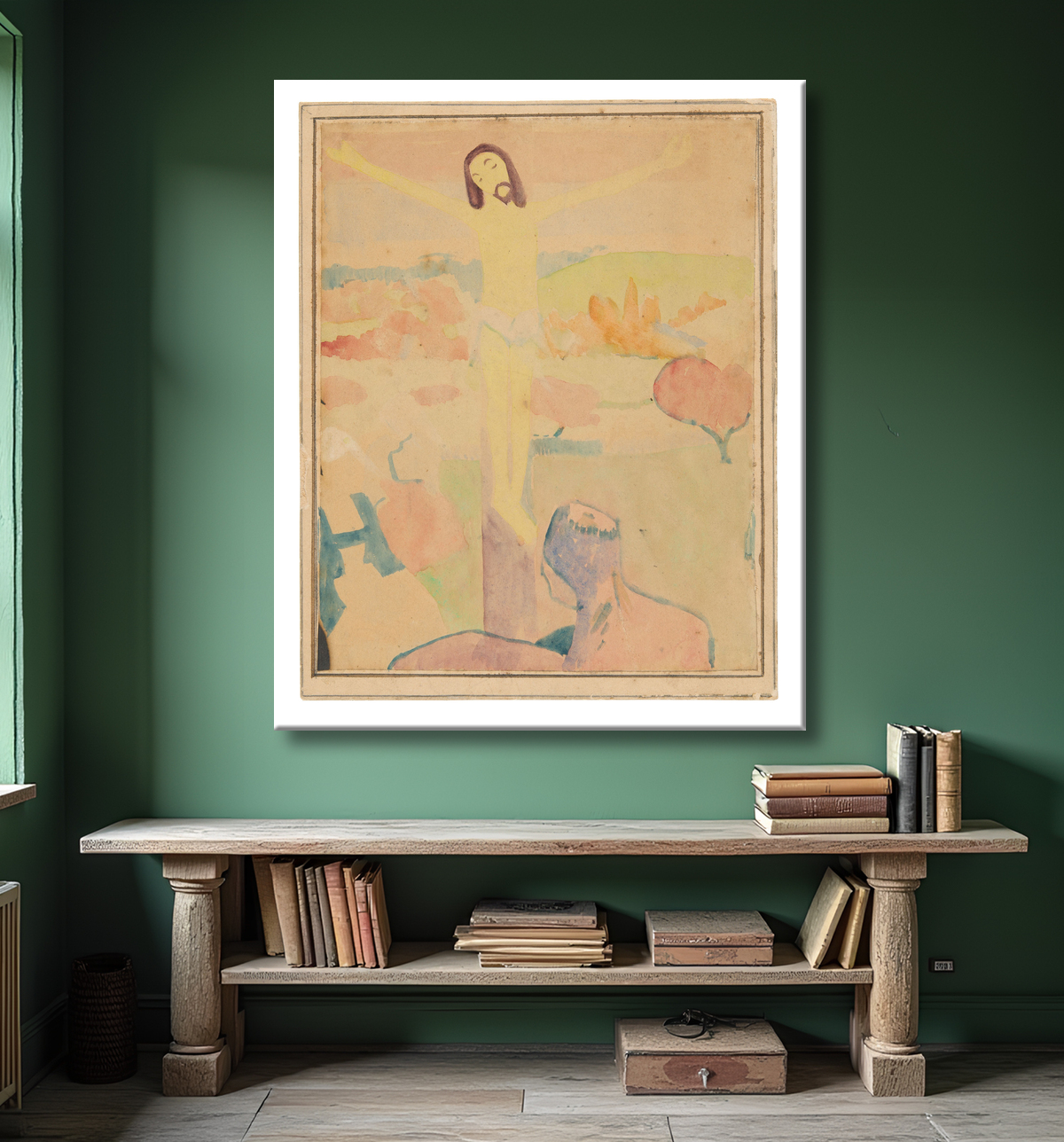 Reproduction Le Christ jaune (recto), femme baigneuse pataugeant dans un ruisseau de Paul Gauguin avec decor