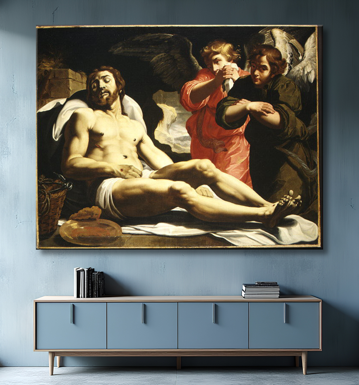 Reproduction Le Christ mort au tombeau avec deux anges de Abraham Janssen van Nuyssen avec decor
