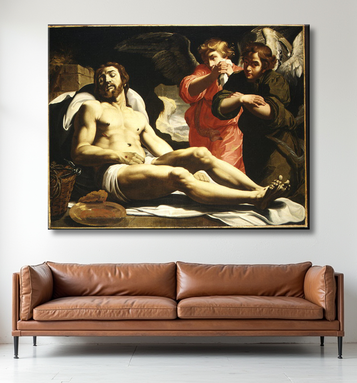 Reproduction Le Christ mort au tombeau avec deux anges de Abraham Janssen van Nuyssen avec decor