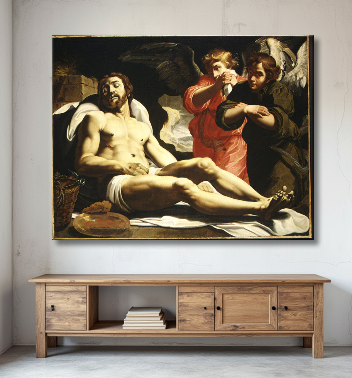 Reproduction Le Christ mort au tombeau avec deux anges de Abraham Janssen van Nuyssen avec decor