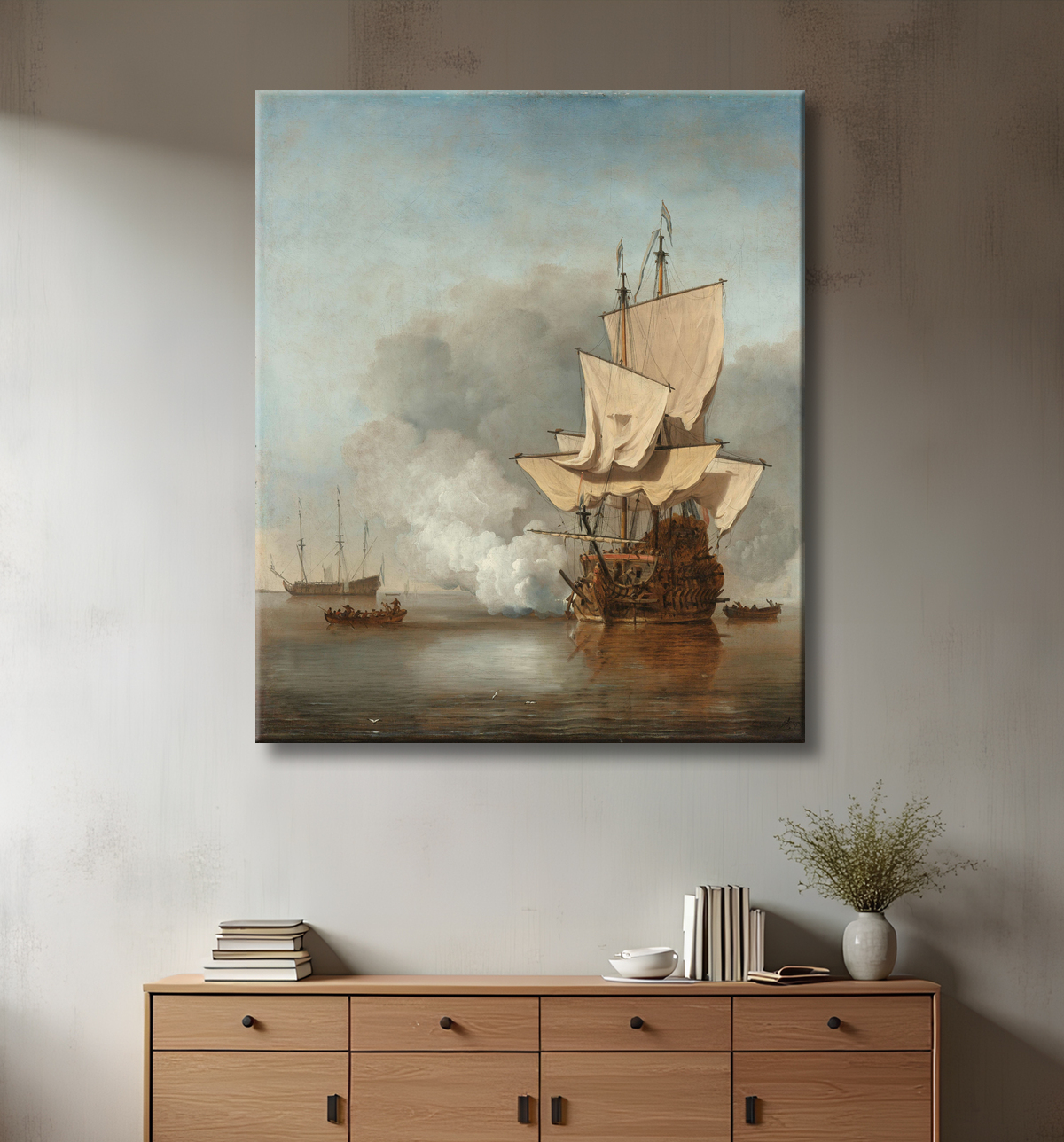 Reproduction Le coup de canon de Willem van de Velde (II) avec decor