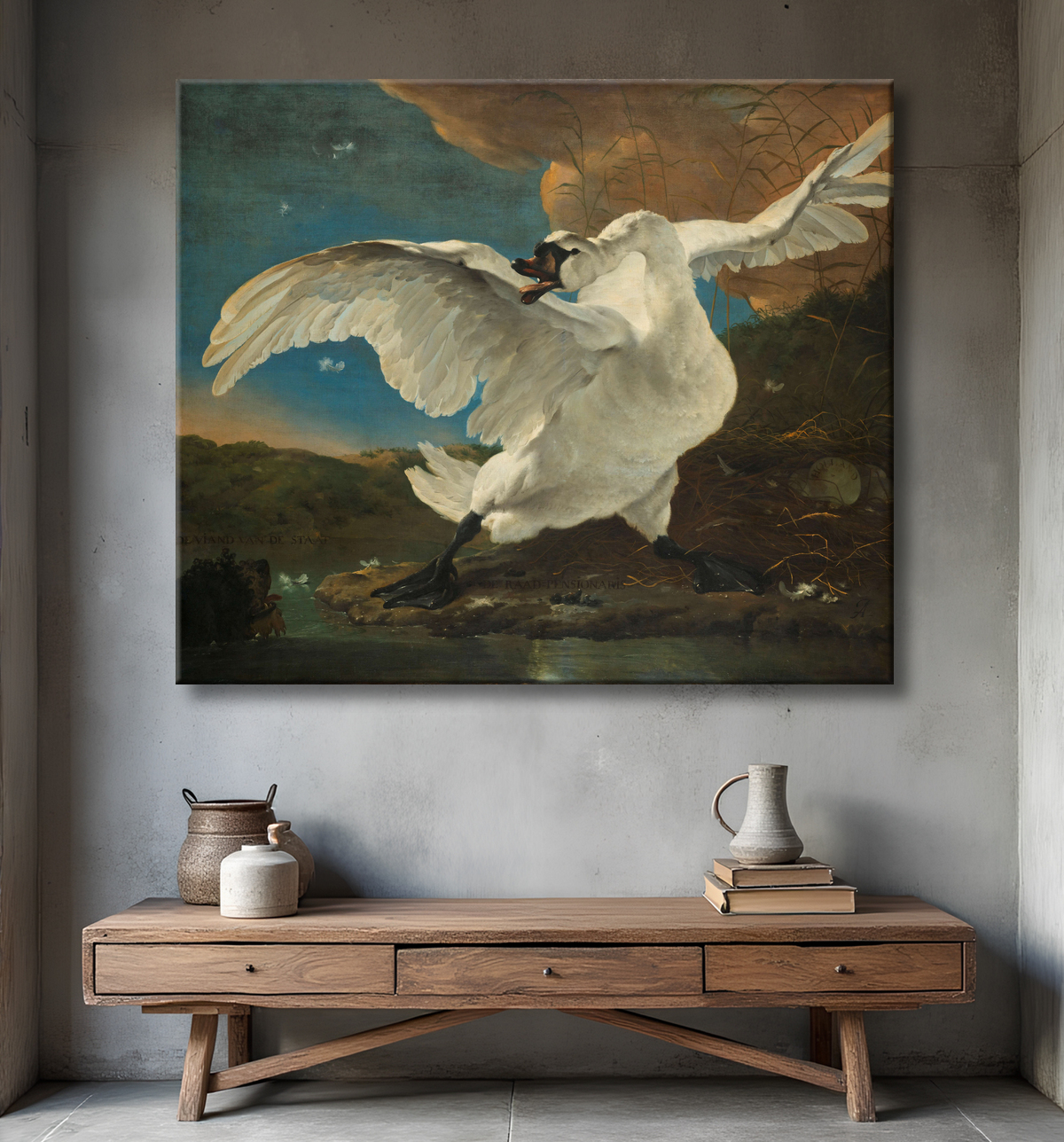 Reproduction Le cygne menacé de Jan Asselijn avec decor