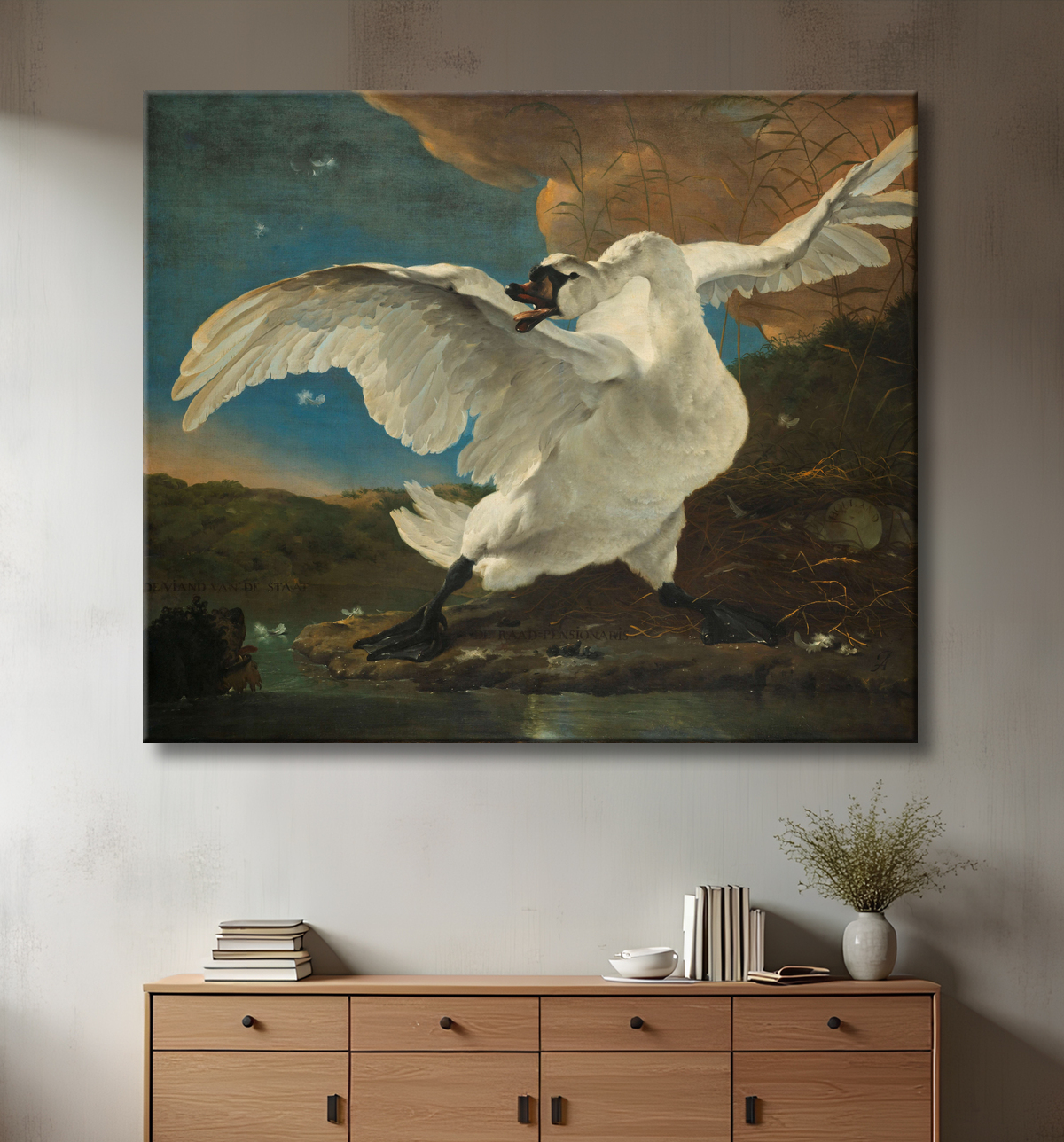 Reproduction Le cygne menacé de Jan Asselijn avec decor