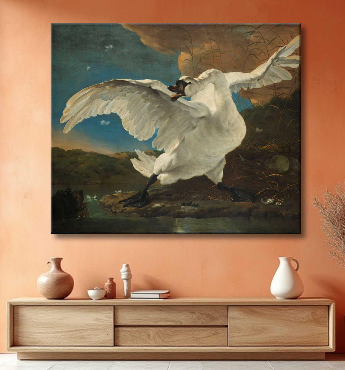Reproduction Le cygne menacé de Jan Asselijn avec decor