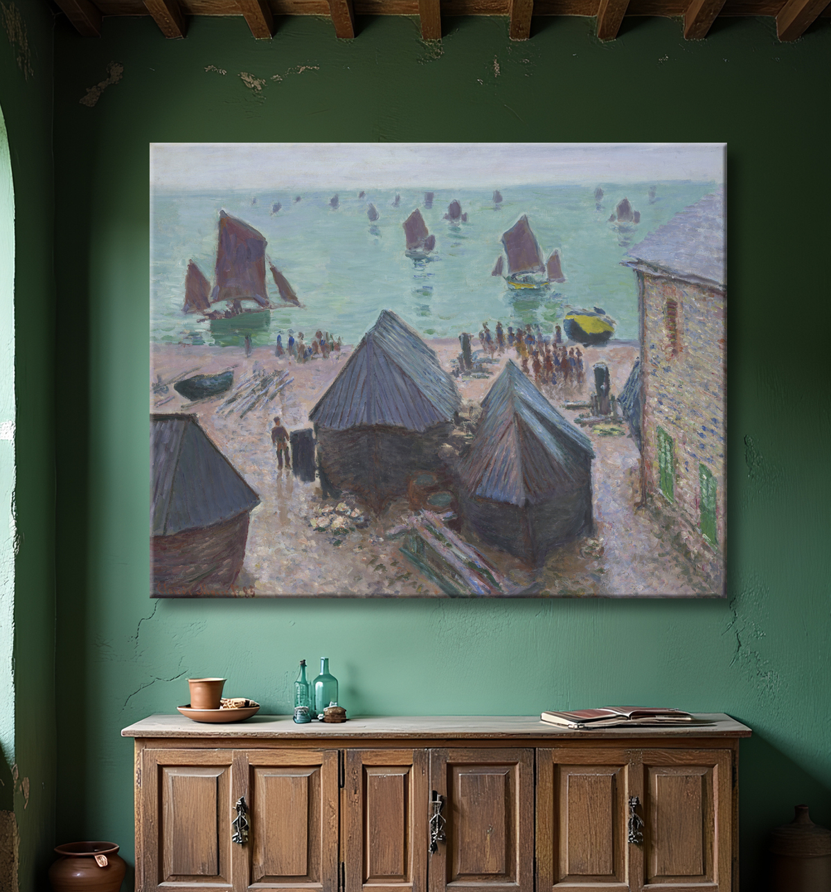 Reproduction Le Départ des Bateaux, Étretat de Claude Monet avec decor
