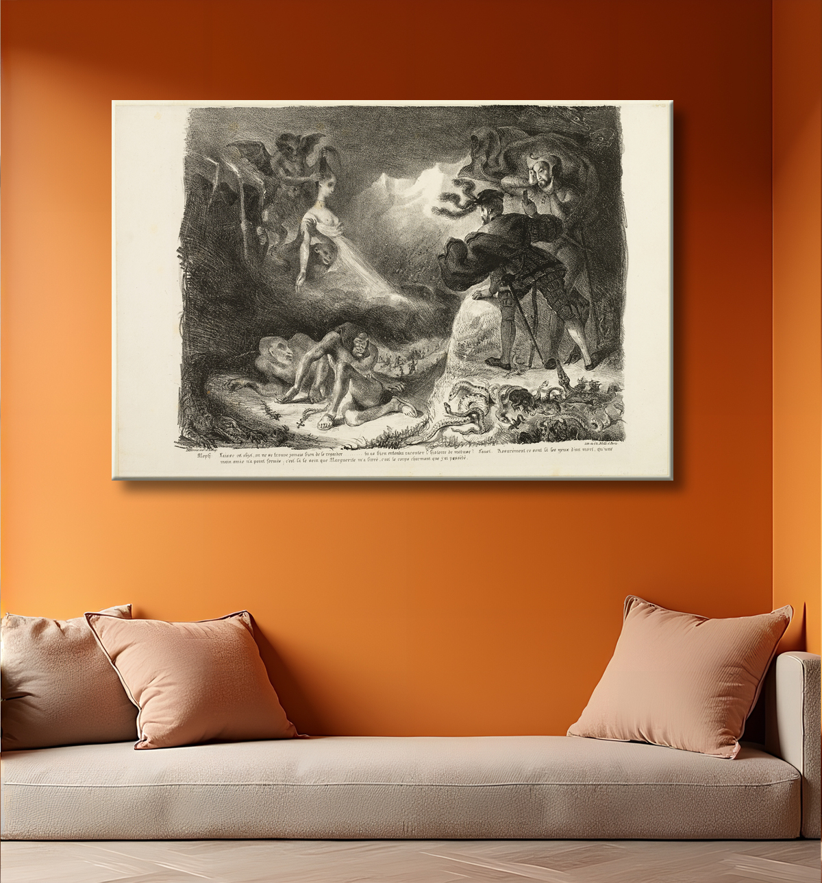 Reproduction Le fantôme de Marguerite apparaissant à Faust, de Faust de Eugène Delacroix avec decor