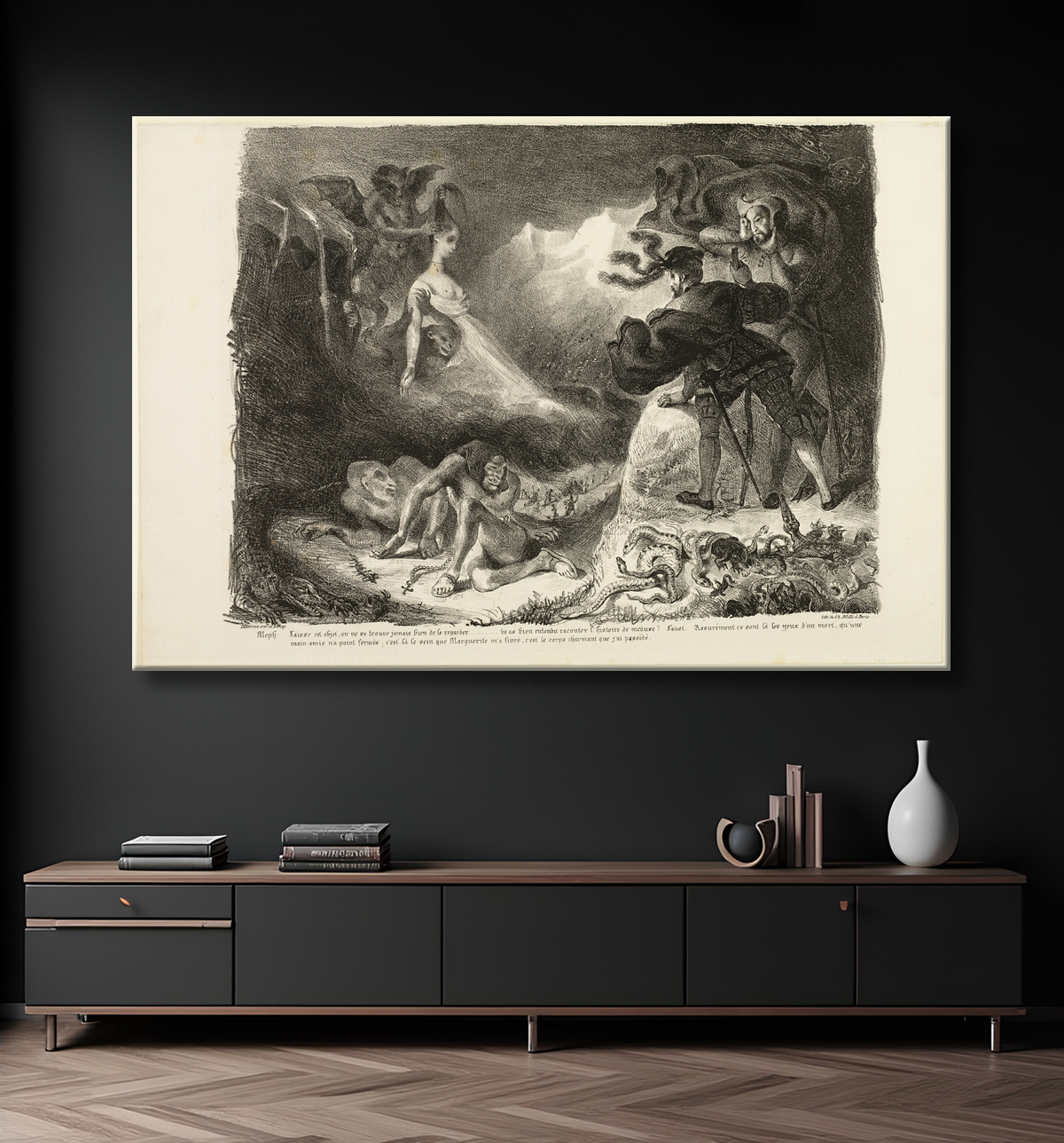 Reproduction Le fantôme de Marguerite apparaissant à Faust, de Faust de Eugène Delacroix avec decor