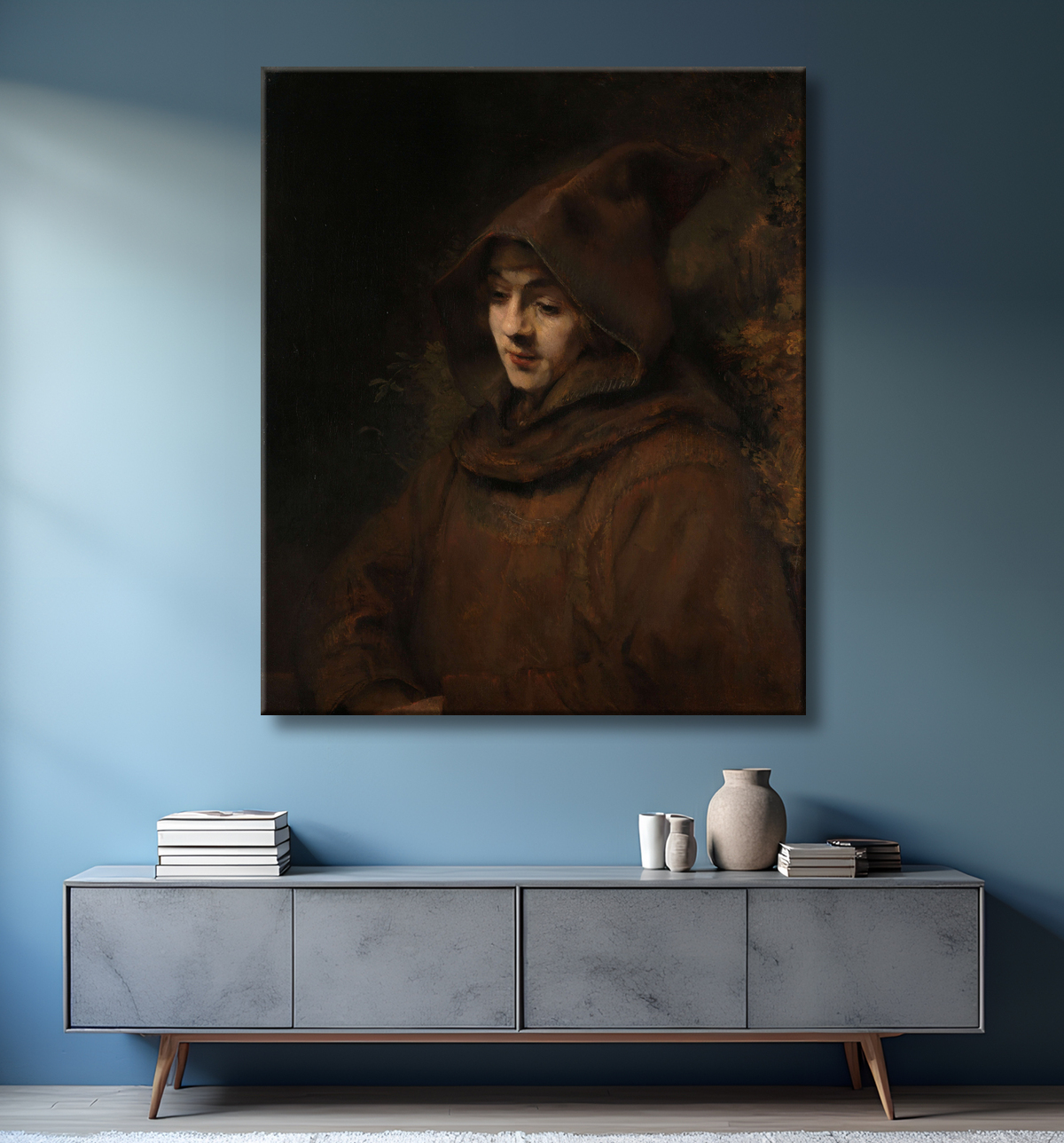 Reproduction Le fils de Rembrandt, Titus en habit de moine de Rembrandt van Rijn avec decor