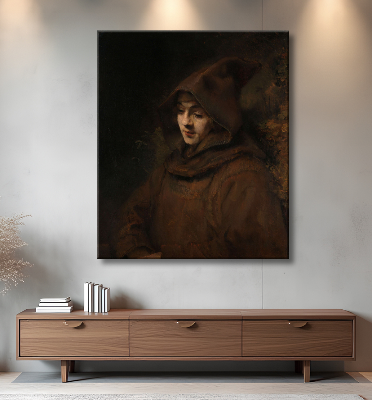 Reproduction Le fils de Rembrandt, Titus en habit de moine de Rembrandt van Rijn avec decor