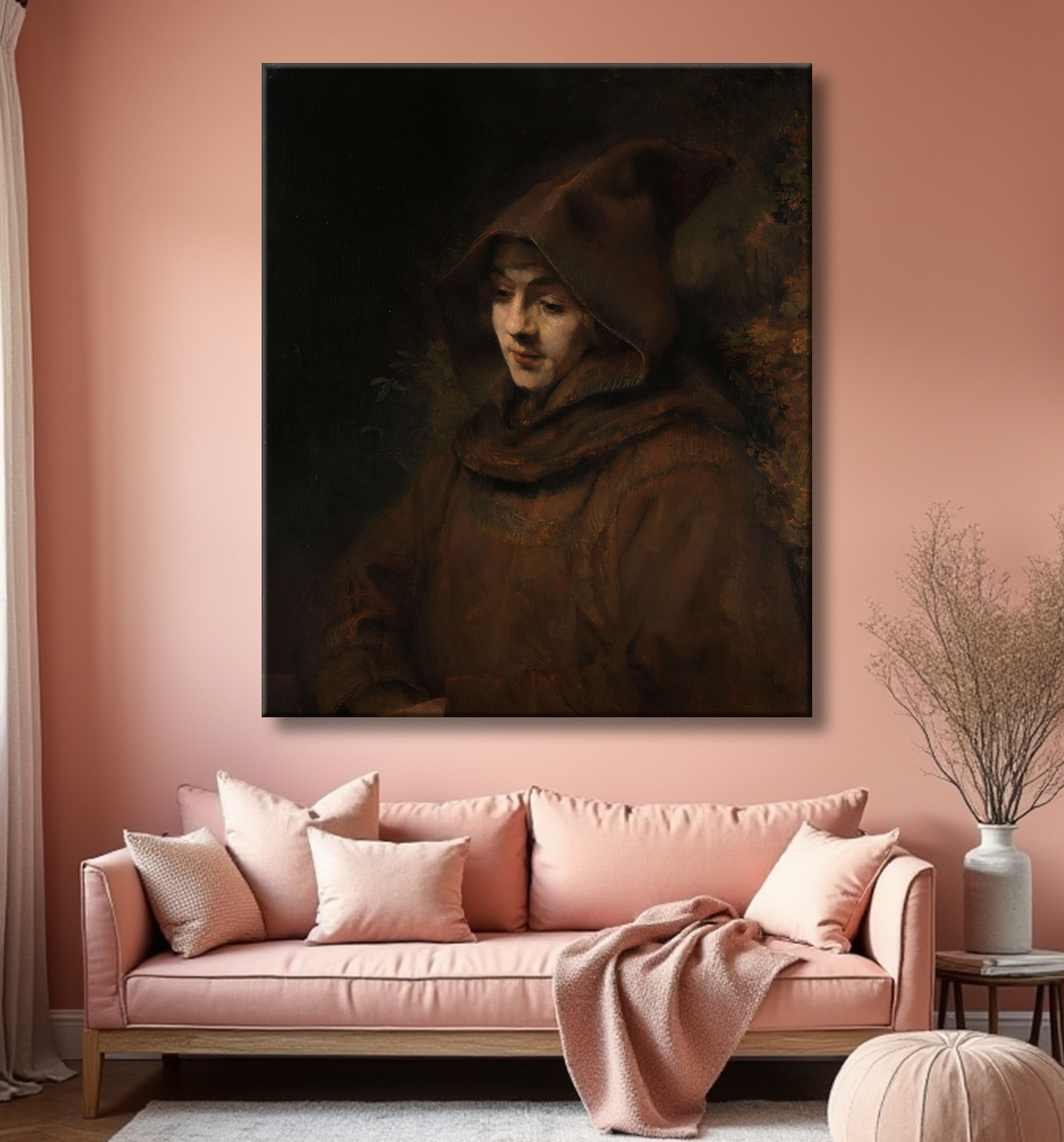 Reproduction Le fils de Rembrandt, Titus en habit de moine de Rembrandt van Rijn avec decor