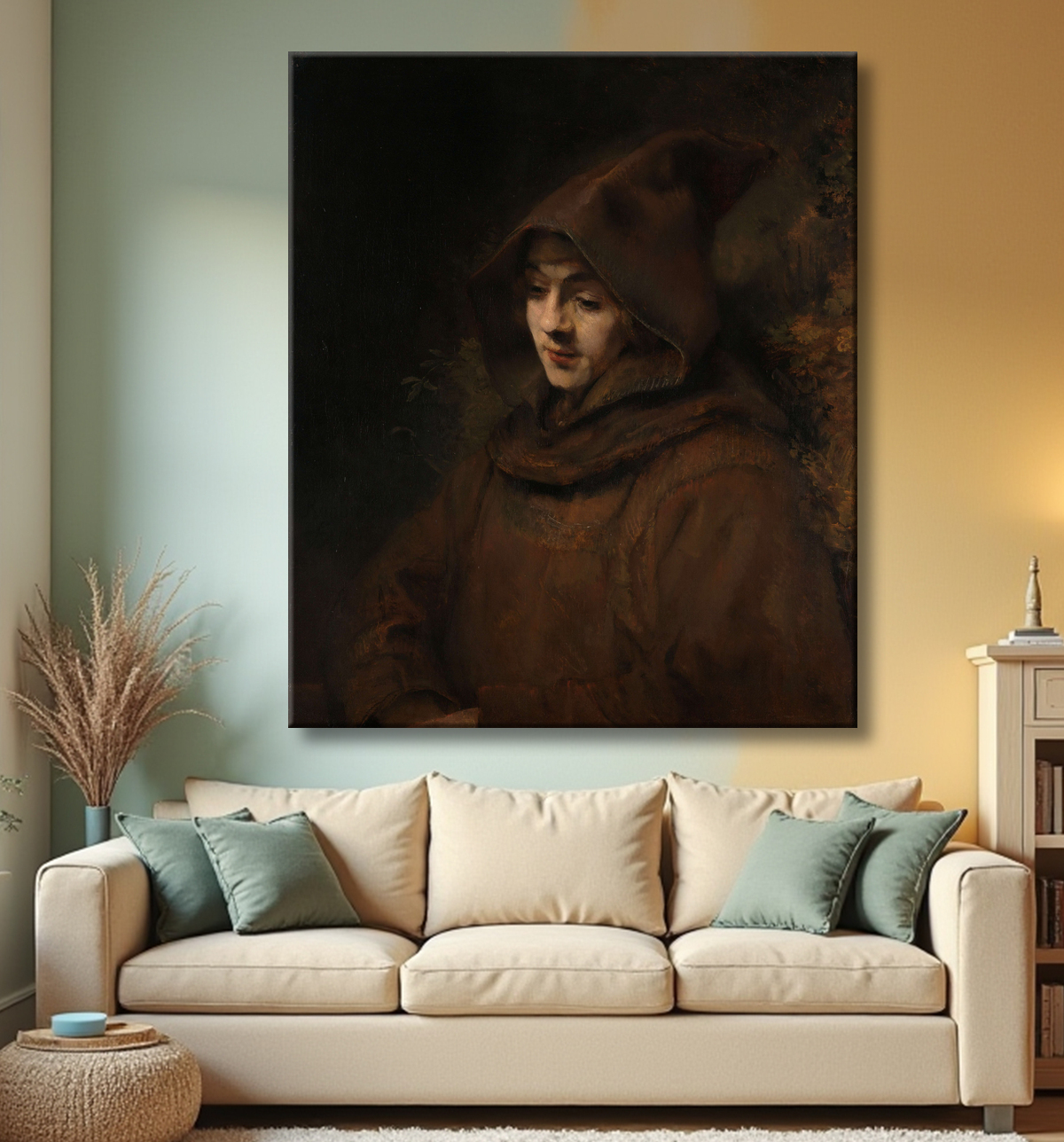 Reproduction Le fils de Rembrandt, Titus en habit de moine de Rembrandt van Rijn avec decor
