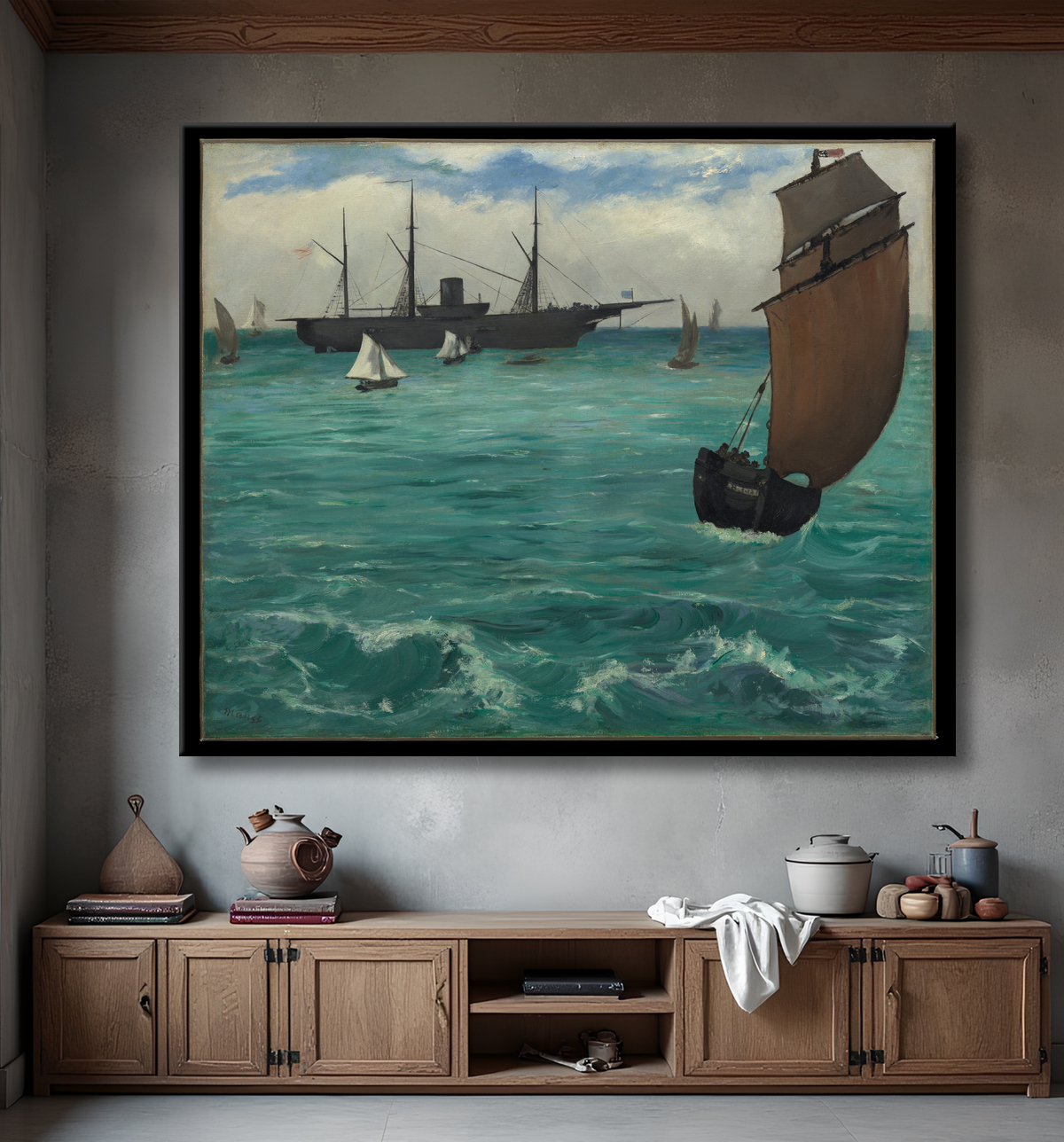 Reproduction Le "Kearsarge" à Boulogne de Edouard Manet avec decor