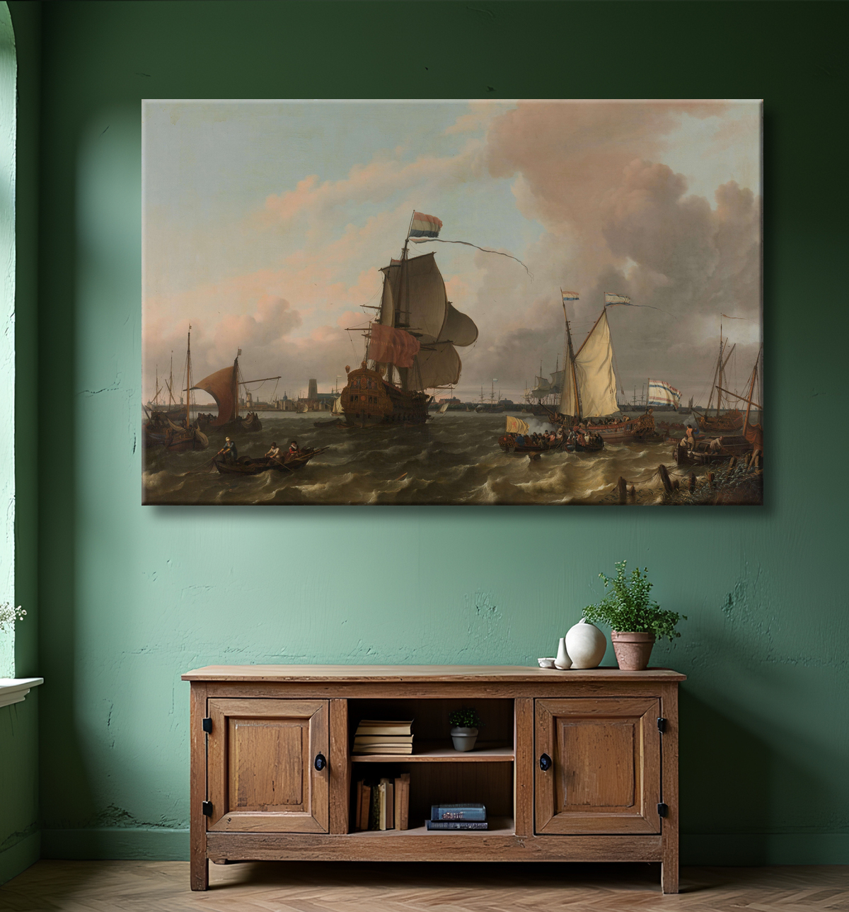 Reproduction Le Man-of-War Brielle sur la Meuse au large de Rotterdam de Ludolf Bakhuysen avec decor