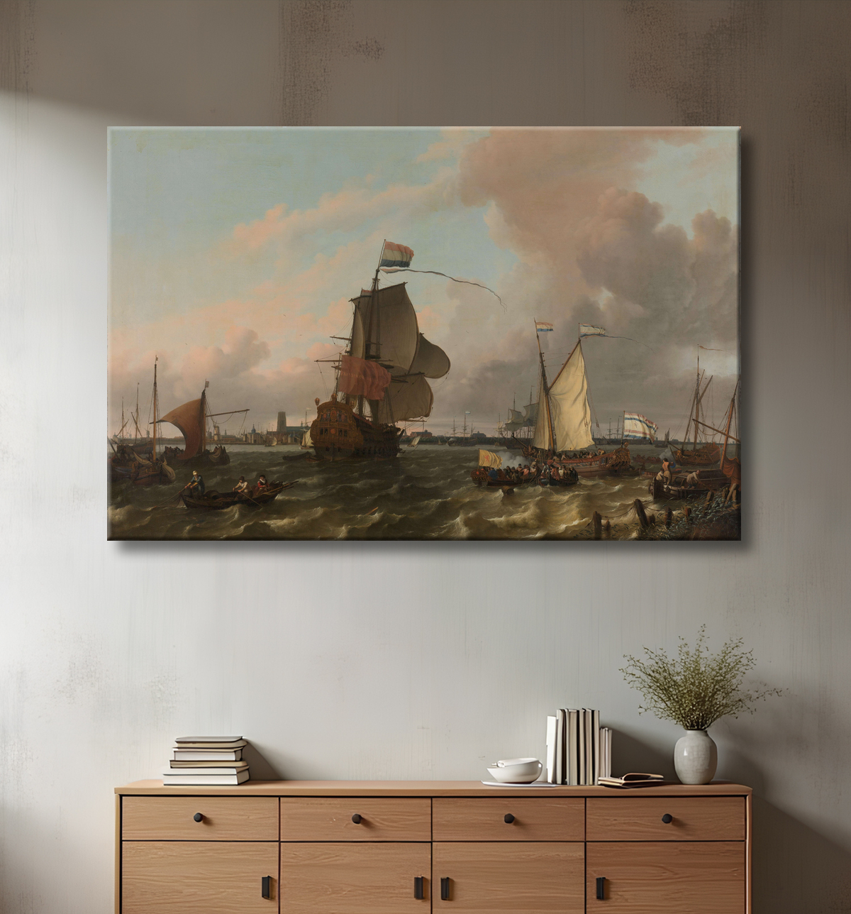 Reproduction Le Man-of-War Brielle sur la Meuse au large de Rotterdam de Ludolf Bakhuysen avec decor
