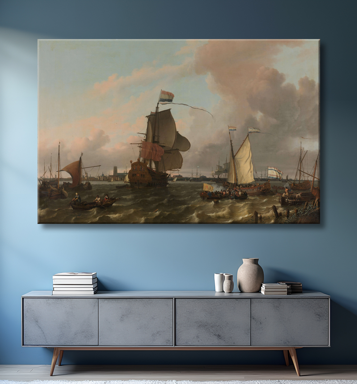 Reproduction Le Man-of-War Brielle sur la Meuse au large de Rotterdam de Ludolf Bakhuysen avec decor