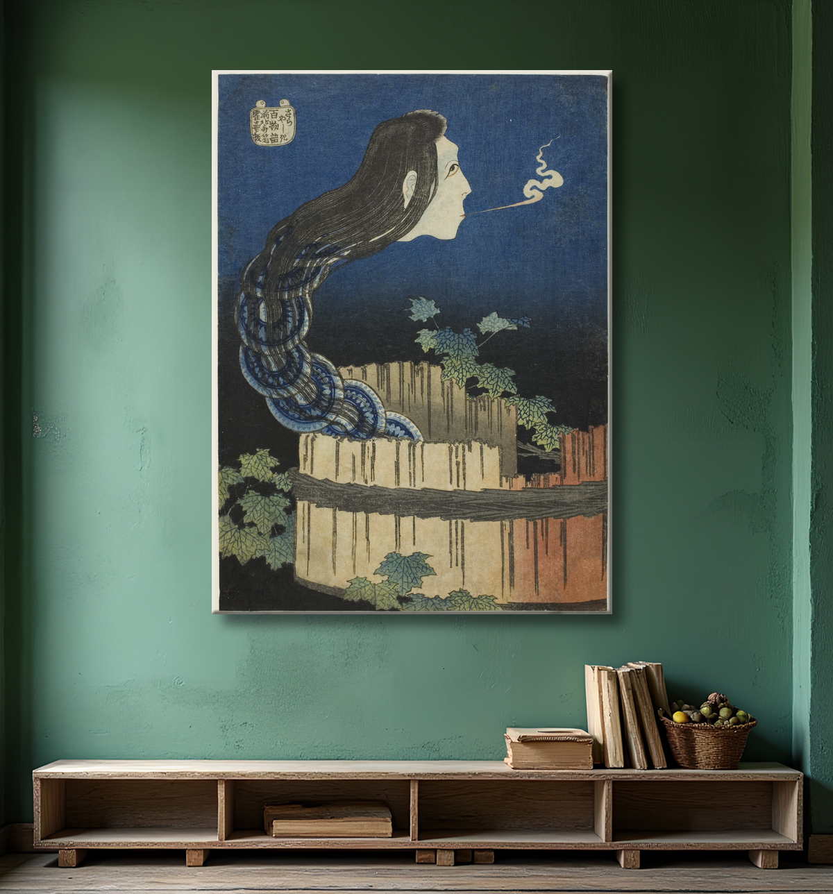 Reproduction Le manoir des plaques (Sara yashiki), de la série "One Hundred Ghost Tales (Hyaku monogatari)" de Katsushika Hokusai avec decor