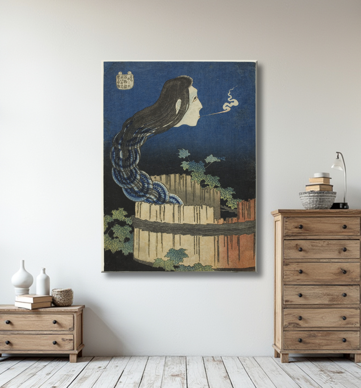 Reproduction Le manoir des plaques (Sara yashiki), de la série "One Hundred Ghost Tales (Hyaku monogatari)" de Katsushika Hokusai avec decor