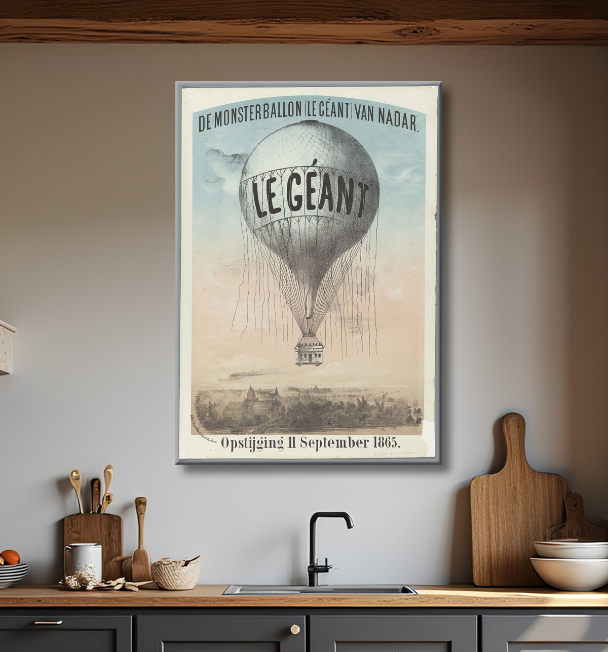 Reproduction Le Monstre Ballon (Le Géant) de Nadar. Ascension le 11 septembre 1865 de Morriën & Amand avec decor